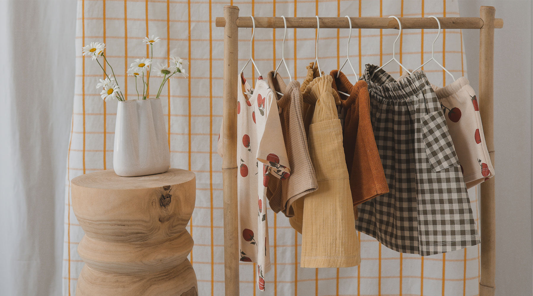 Children t-shirt, skirts & short in tomato & gingham prints, terry & waffle cotton, & muslin fabric