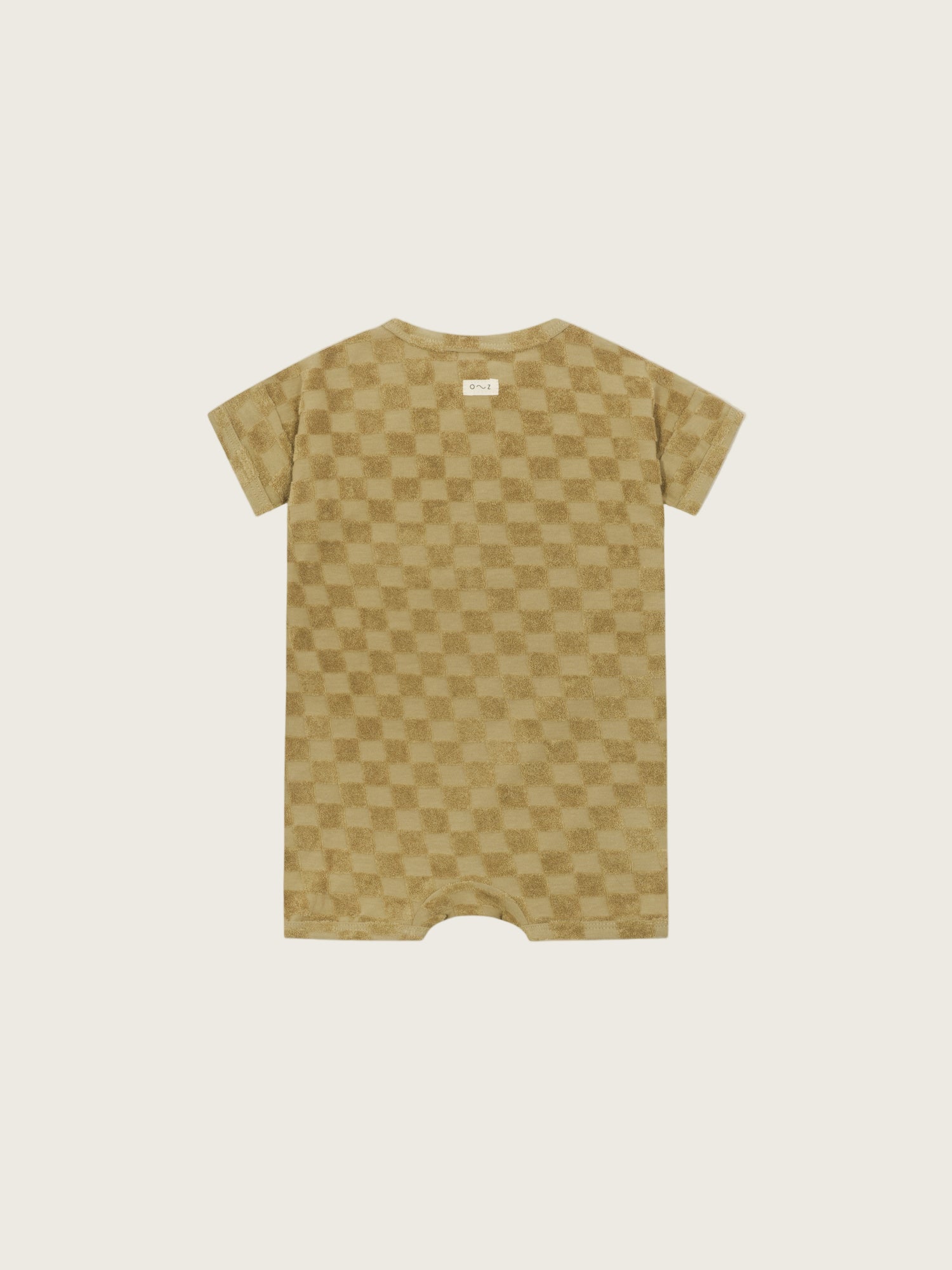 baby and toddler beige checkerboard beach romper in soft terry cotton with front & crotch poppers