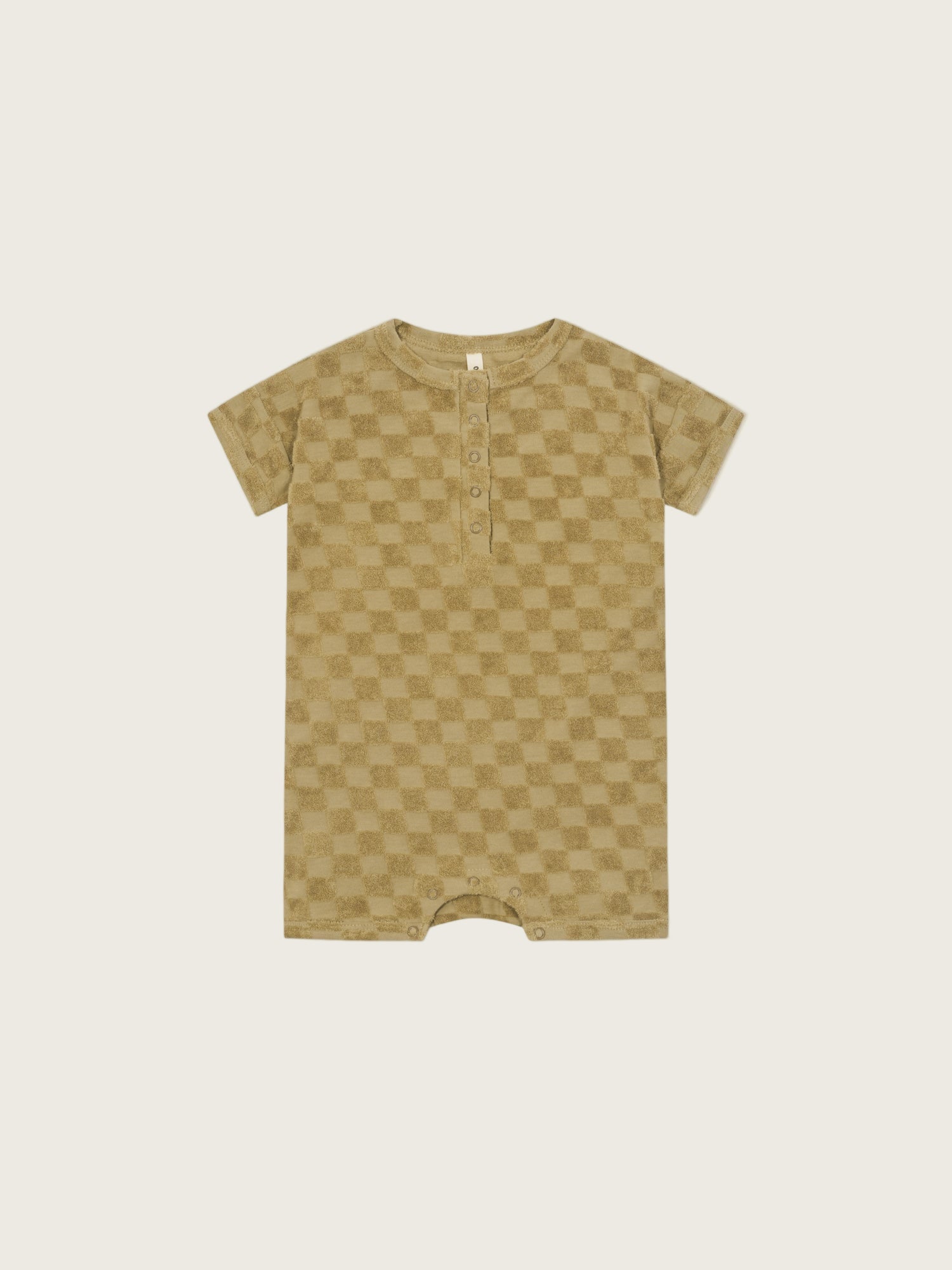 baby and toddler beige checkerboard beach romper in soft terry cotton with front & crotch poppers