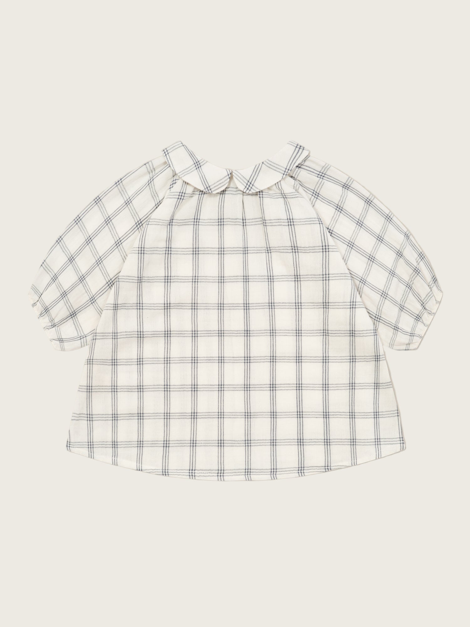 baby navy window check long sleeved two-way muslin button-down white dress, with peter pan collar & gathered cuffs