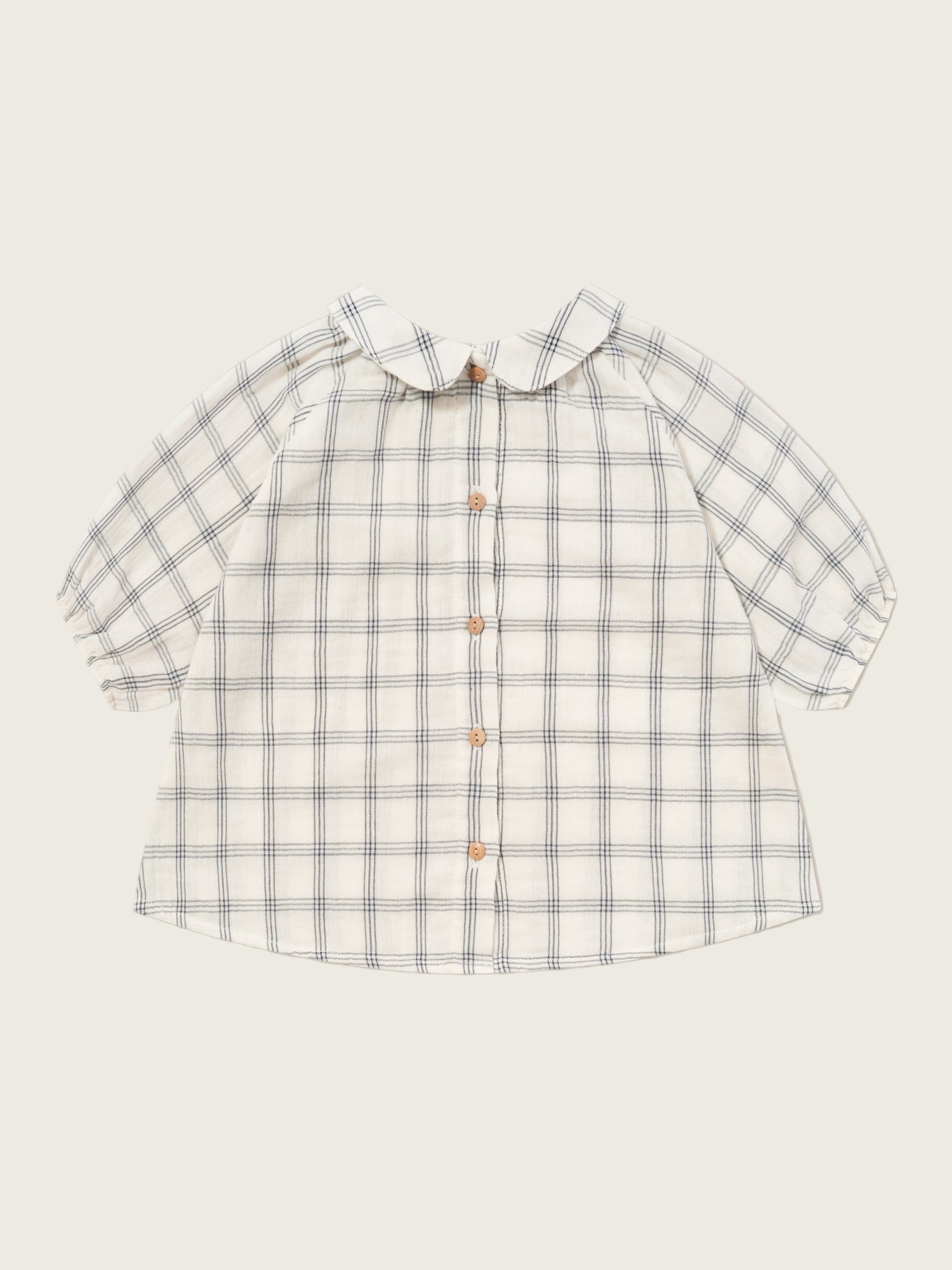 baby navy window check long sleeved two-way muslin button-down white dress, with peter pan collar & gathered cuffs