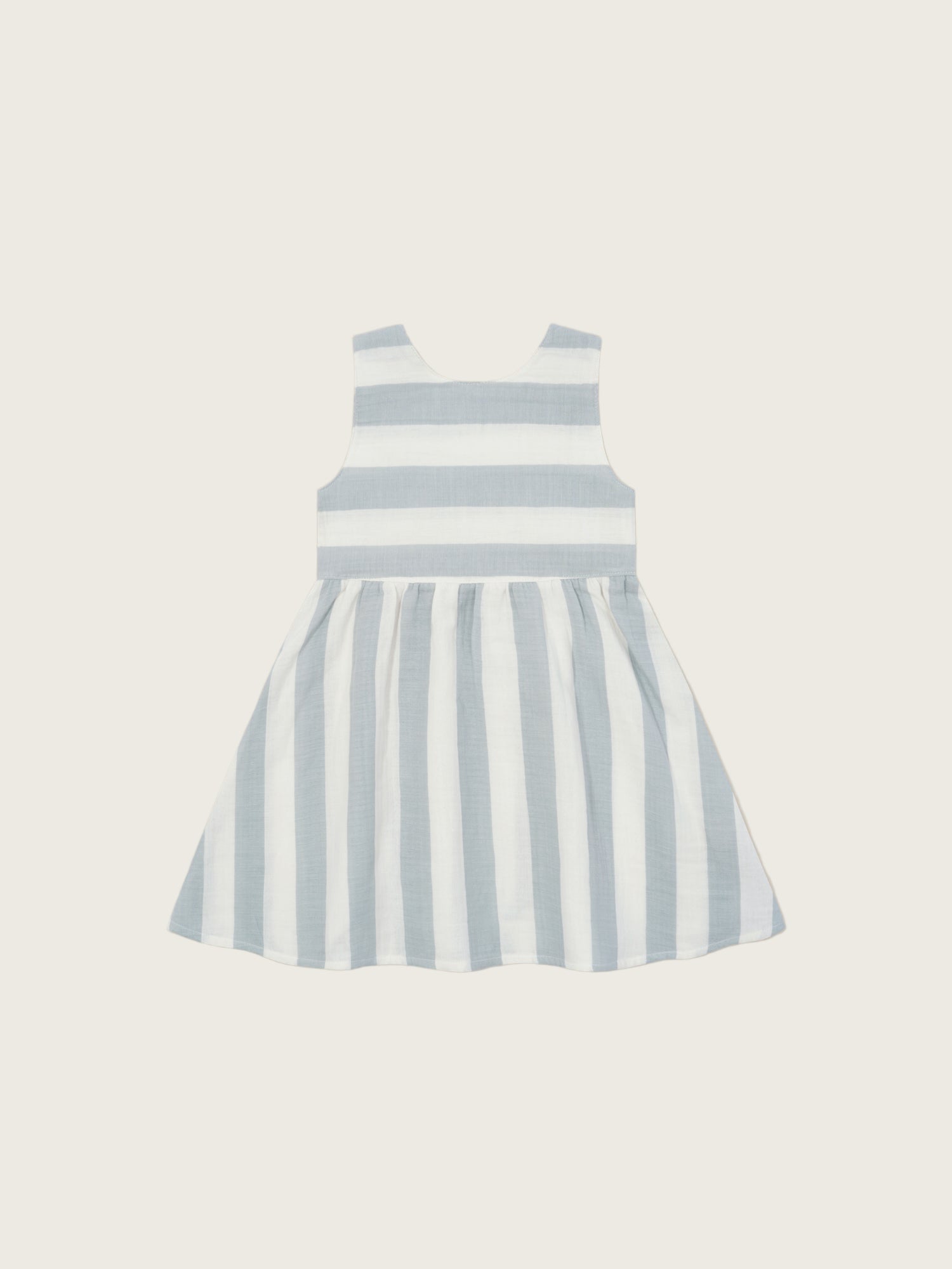 toddler sardine blue striped muslin sleeveless dress with wooden button back and curved hem