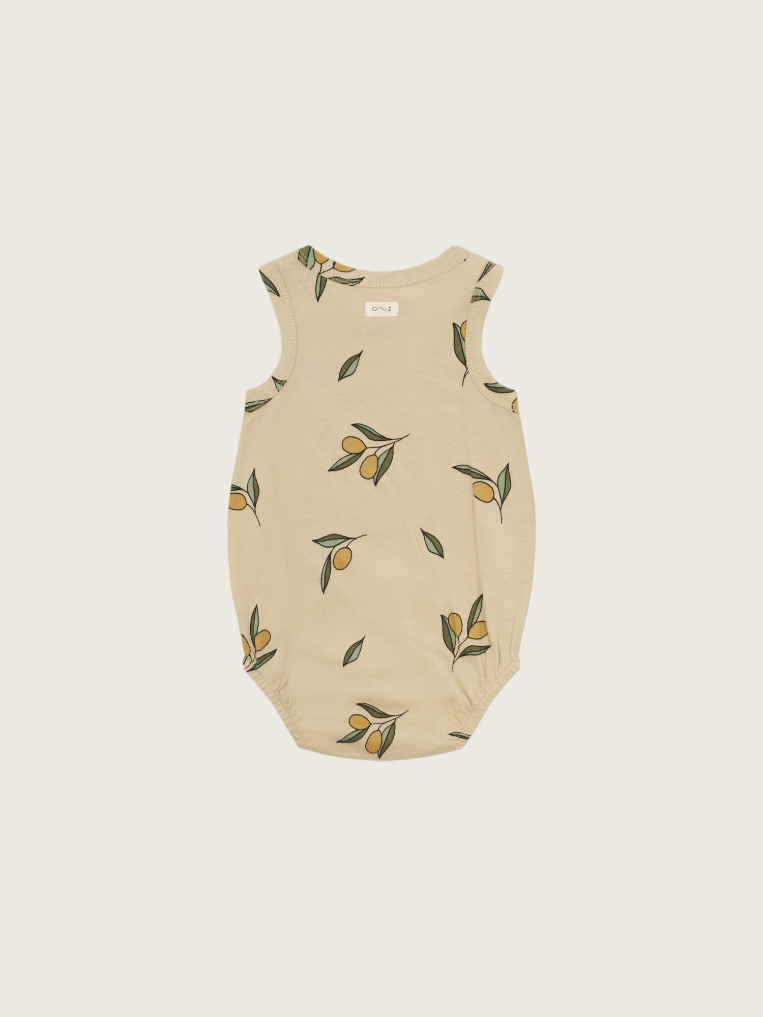 baby organic cotton sleeveless cream bodysuit with olive print, shoulder buttons, elastic leg openings & poppers