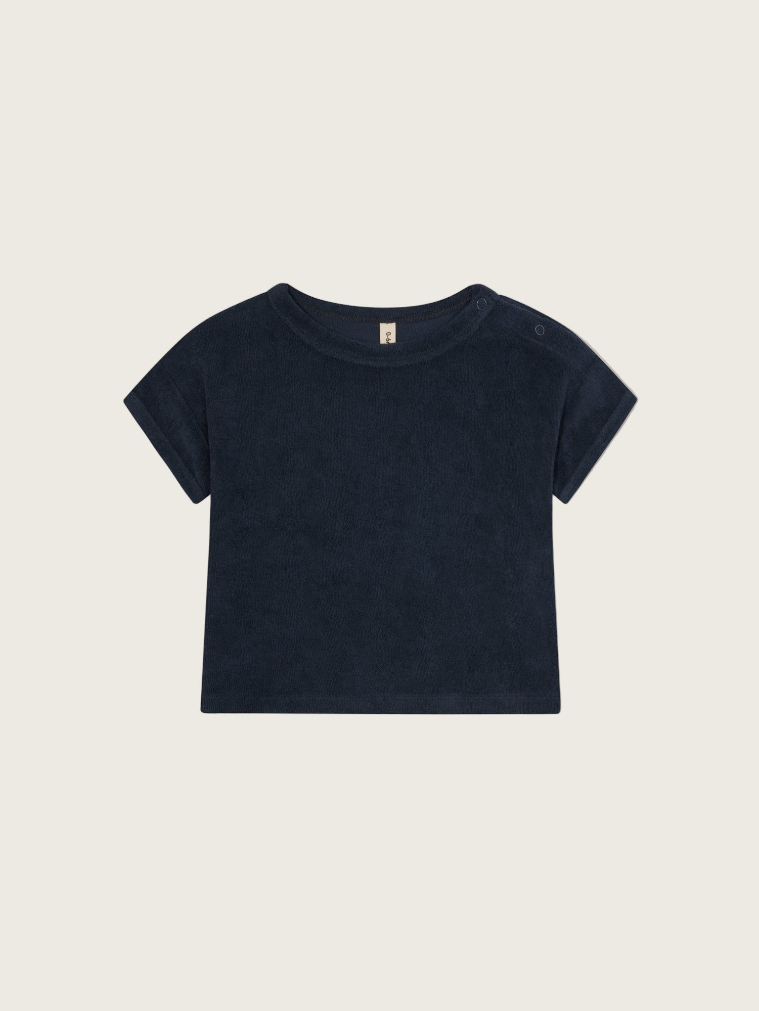 baby organic terry cotton navy boxy drop shoulder t-shirt with o~z label on the back