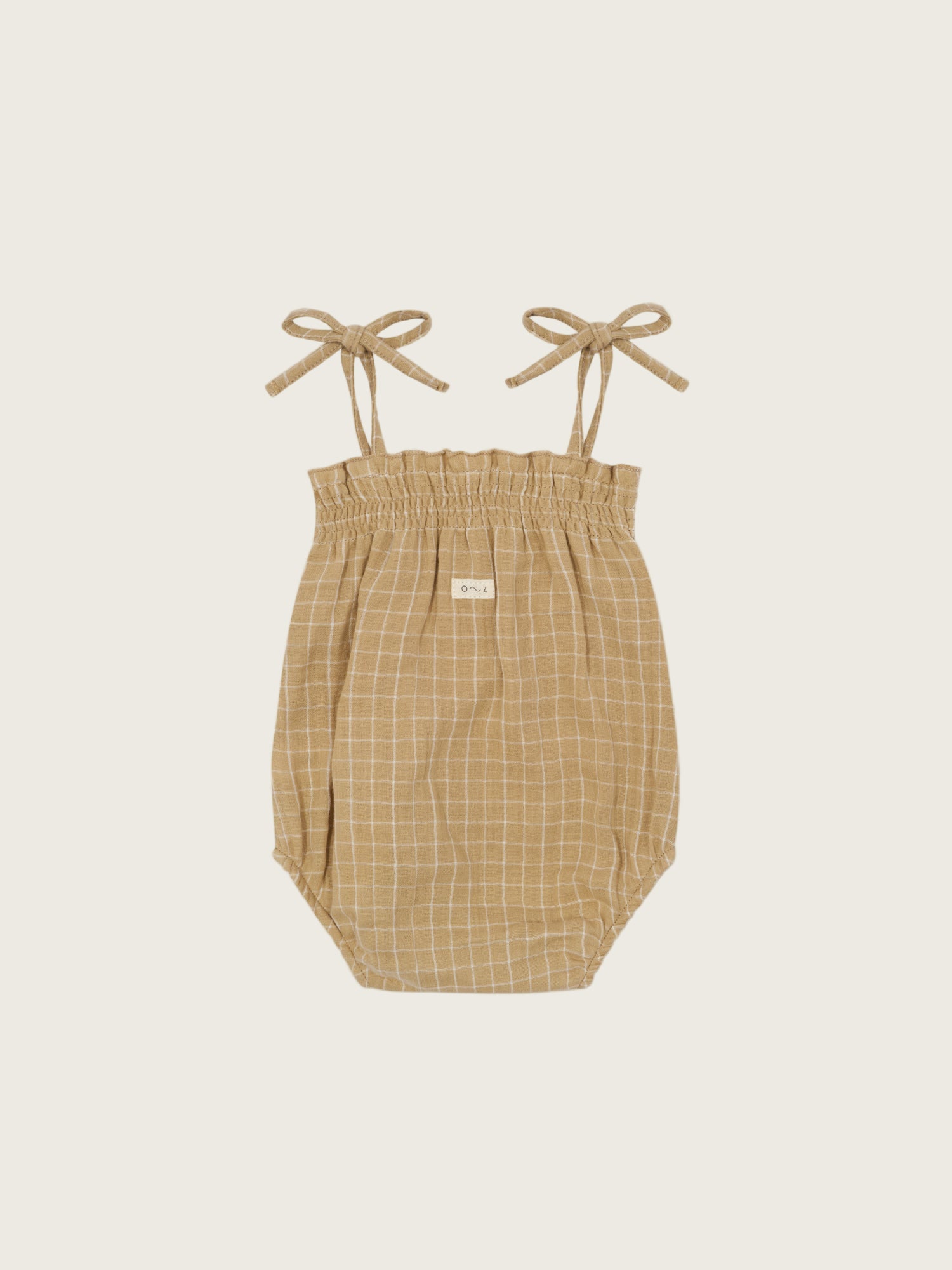 baby gold grid check organic muslin bodysuit with smocked neckline & spaghetti shoulder tie straps