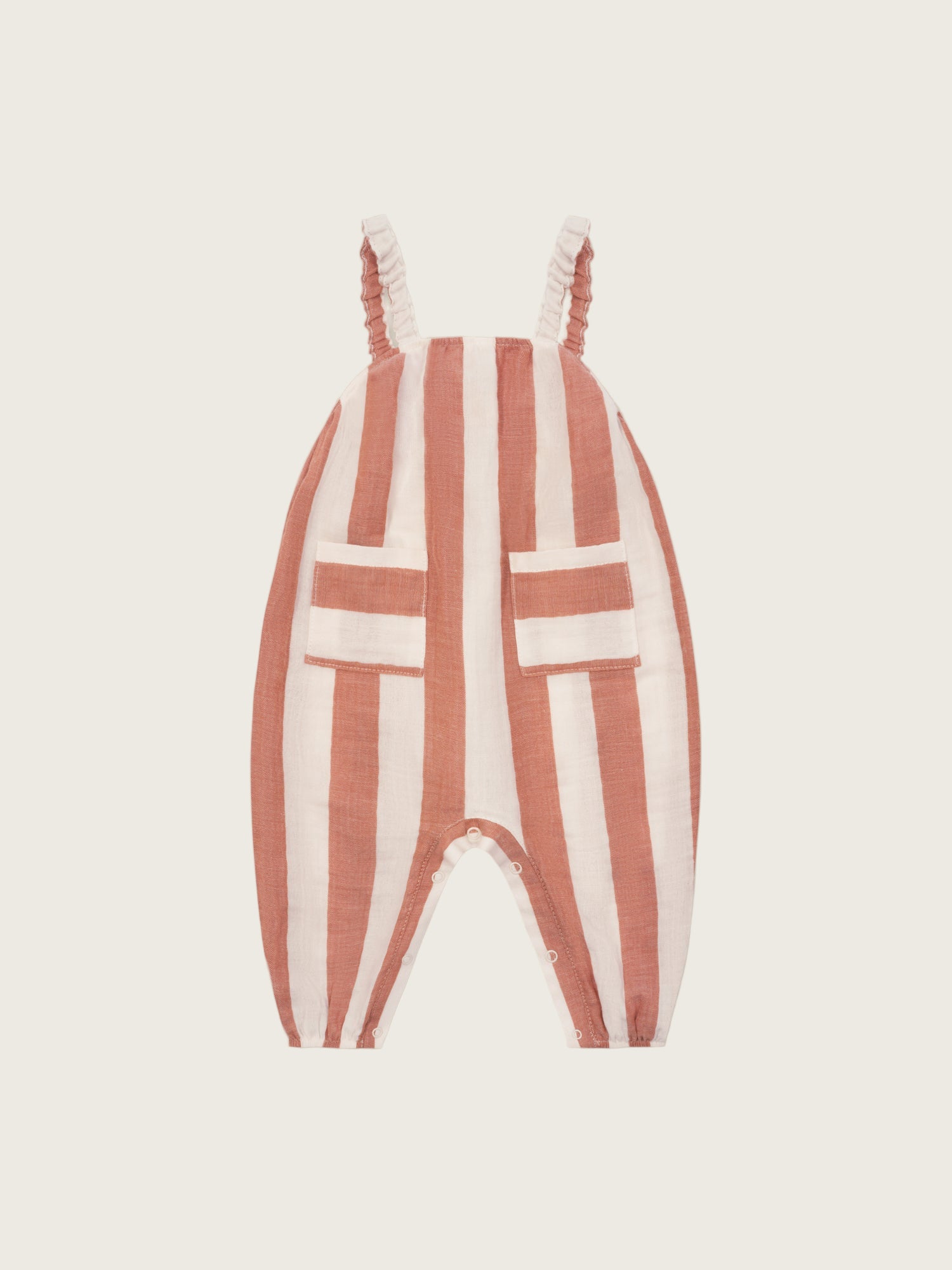 baby organic muslin sienna red striped artisan jumpsuit with gathered straps, pockets & crotch poppers