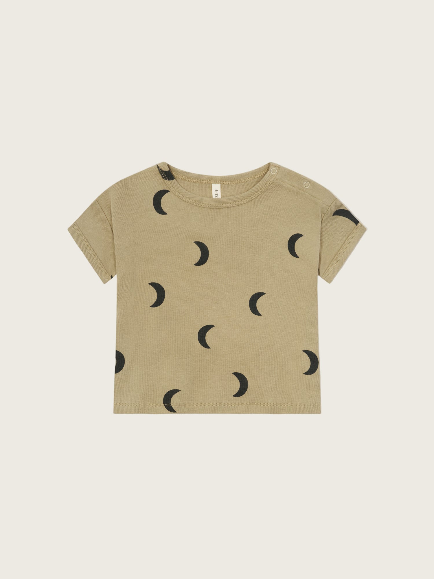 baby beige organic ribbed cotton boxy drop shoulder t-shirt with black moon print & shoulder poppers
