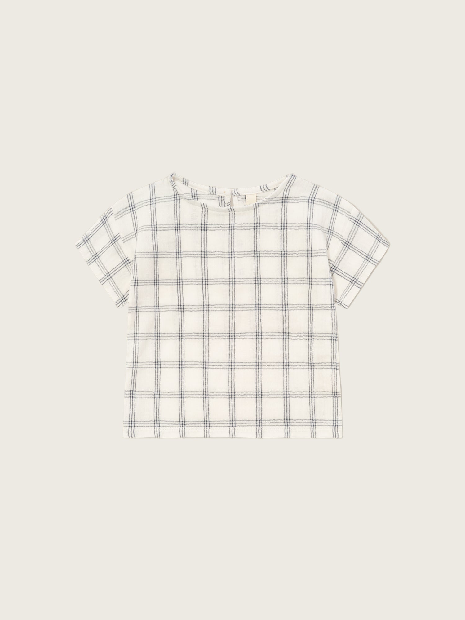 baby & toddler muslin boxy white t-shirt with navy window check print, keyhole with button & loop