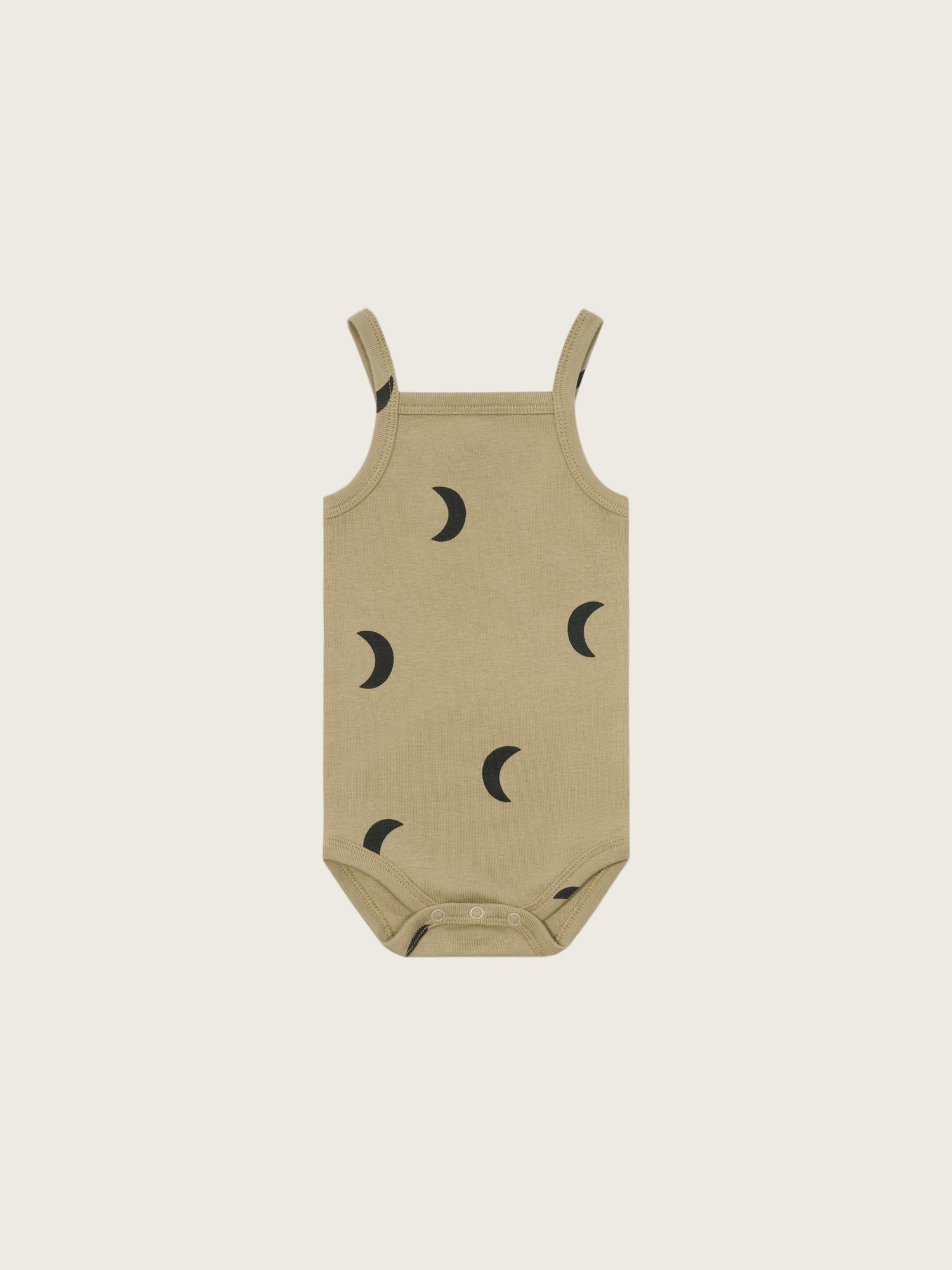 baby dusky beige organic ribbed cotton tank bodysuit with black moon print & crotch poppers