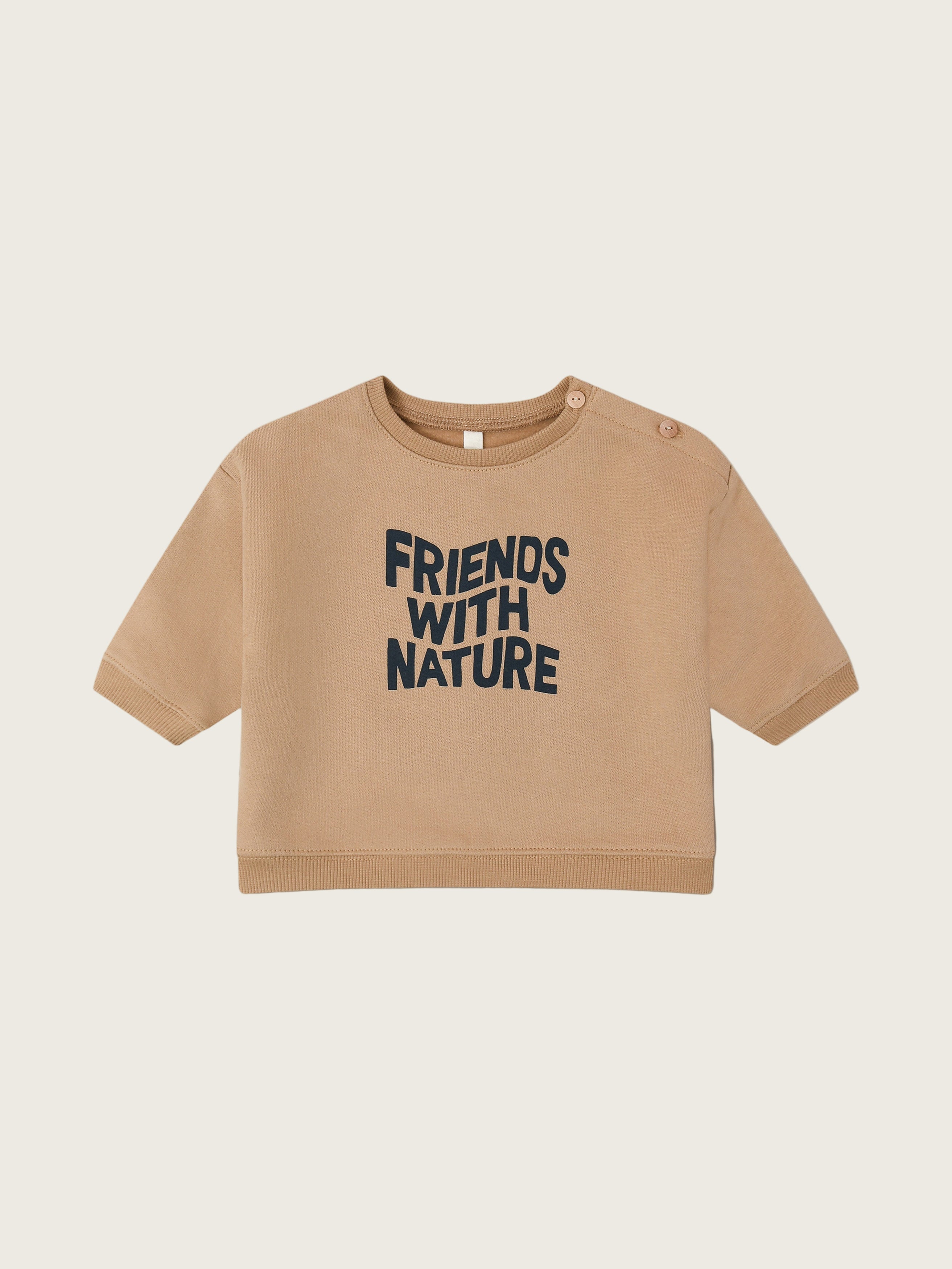 baby brown sweater with FRIENDS WITH NATURE in wavy text across the front