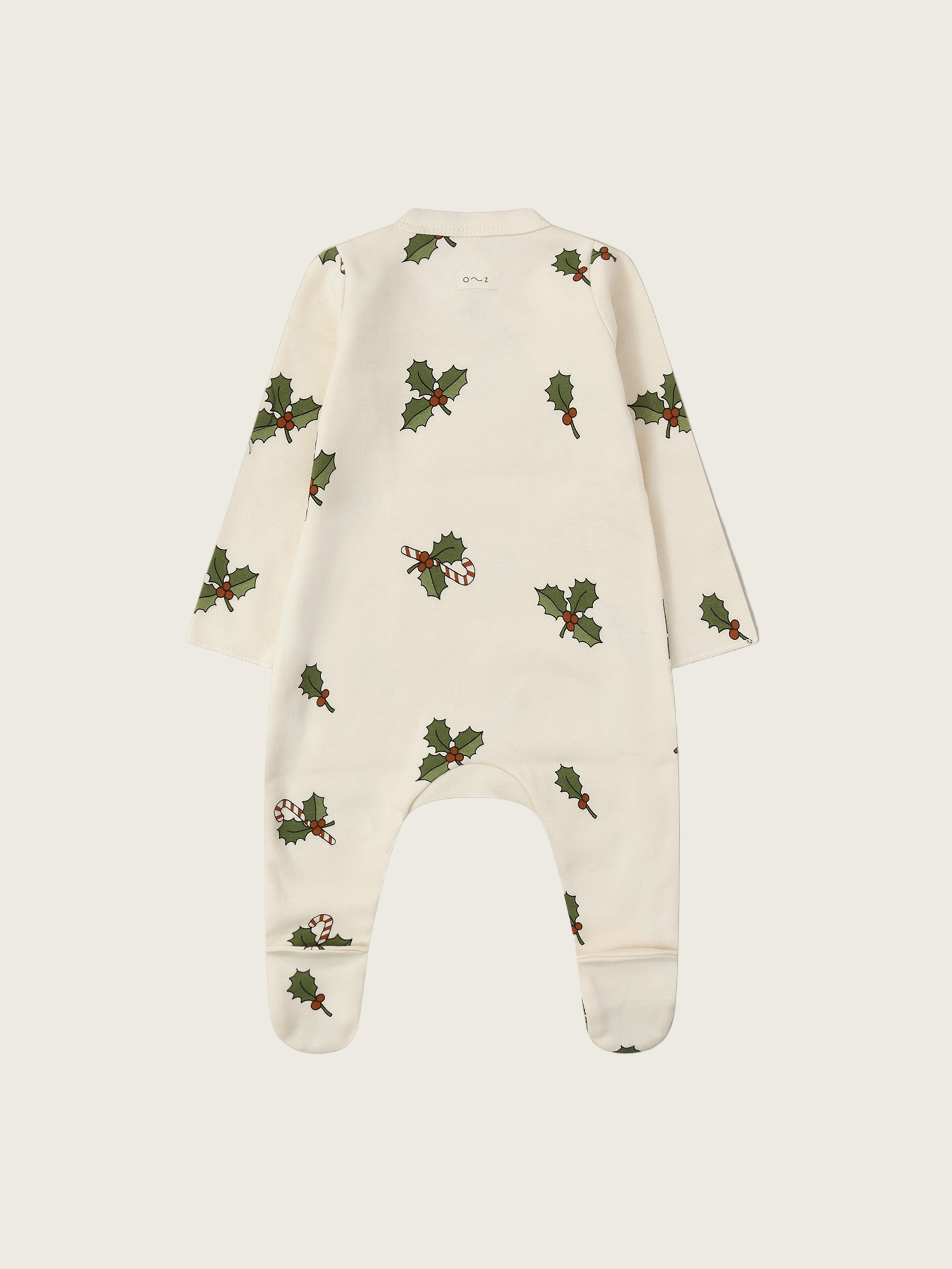 baby christmas holly & candy cane footed sleepsuit in cream with through front poppers
