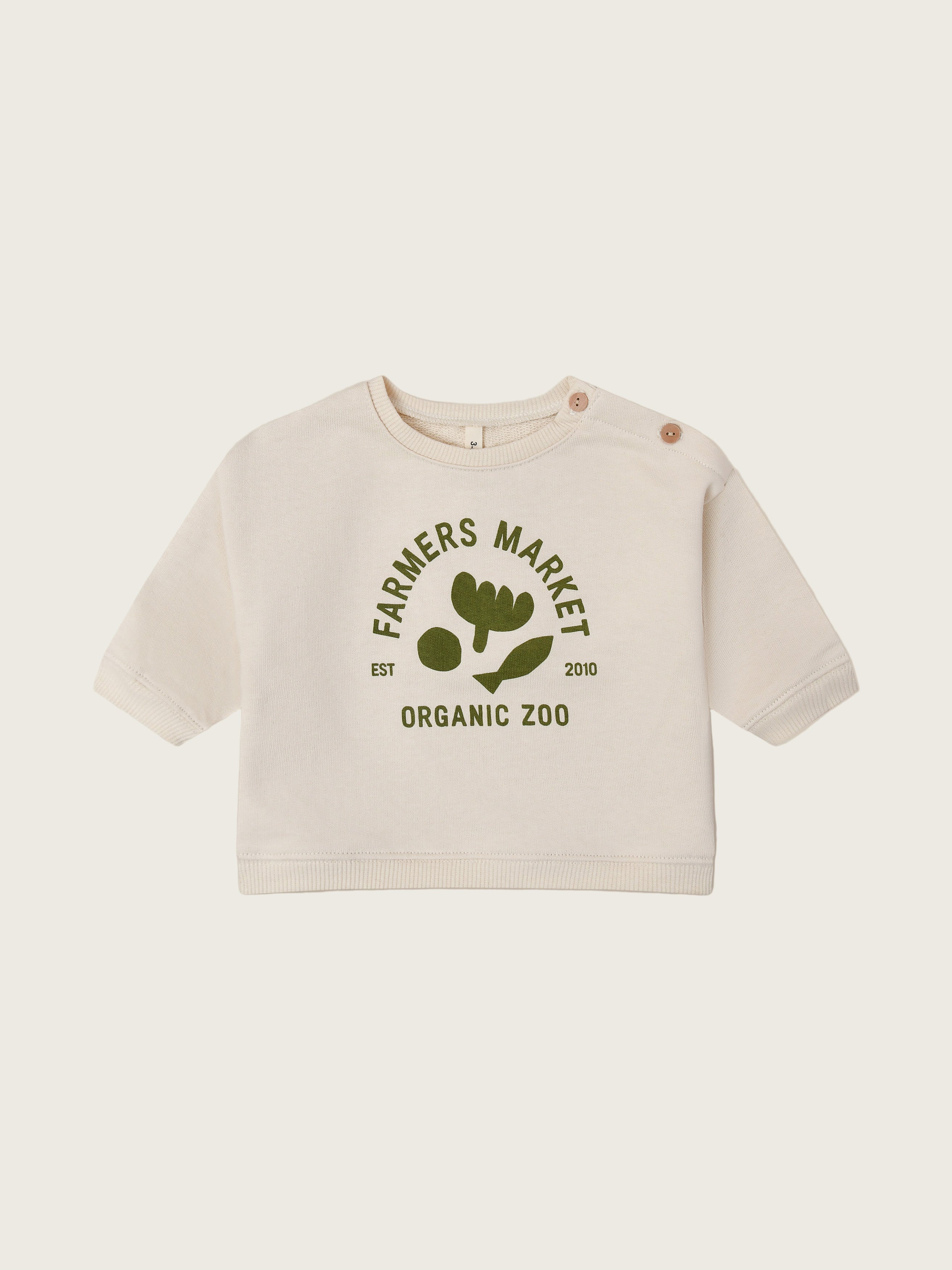 baby sweatshirt in cream with green ORGANIC ZOO FARMERS MARKET logo & prints