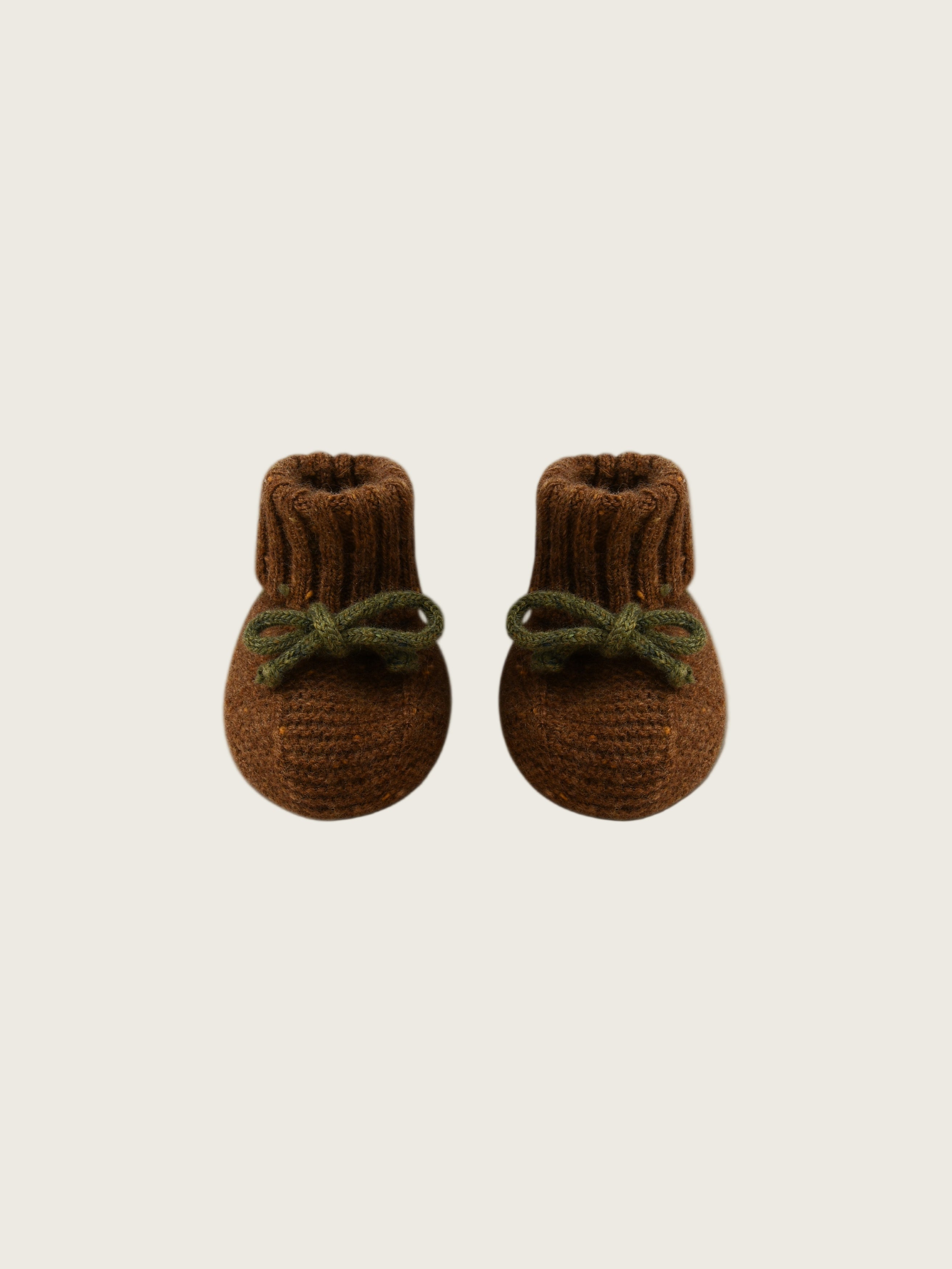 baby and toddler wool booties in brown with dark green ribbons