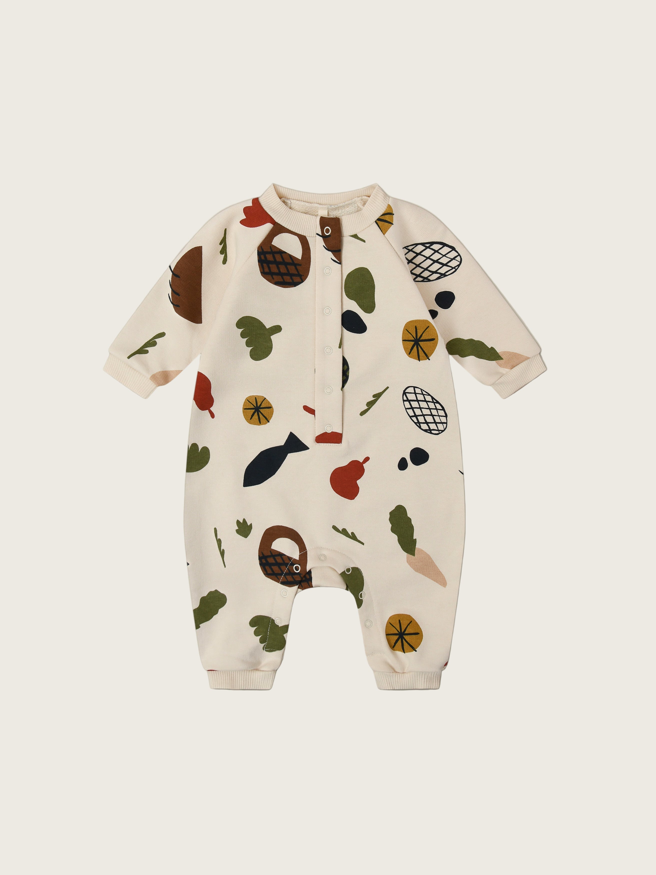 baby & toddler cream long-sleeve onesie with fruits vegetables & basket prints front & crotch poppers