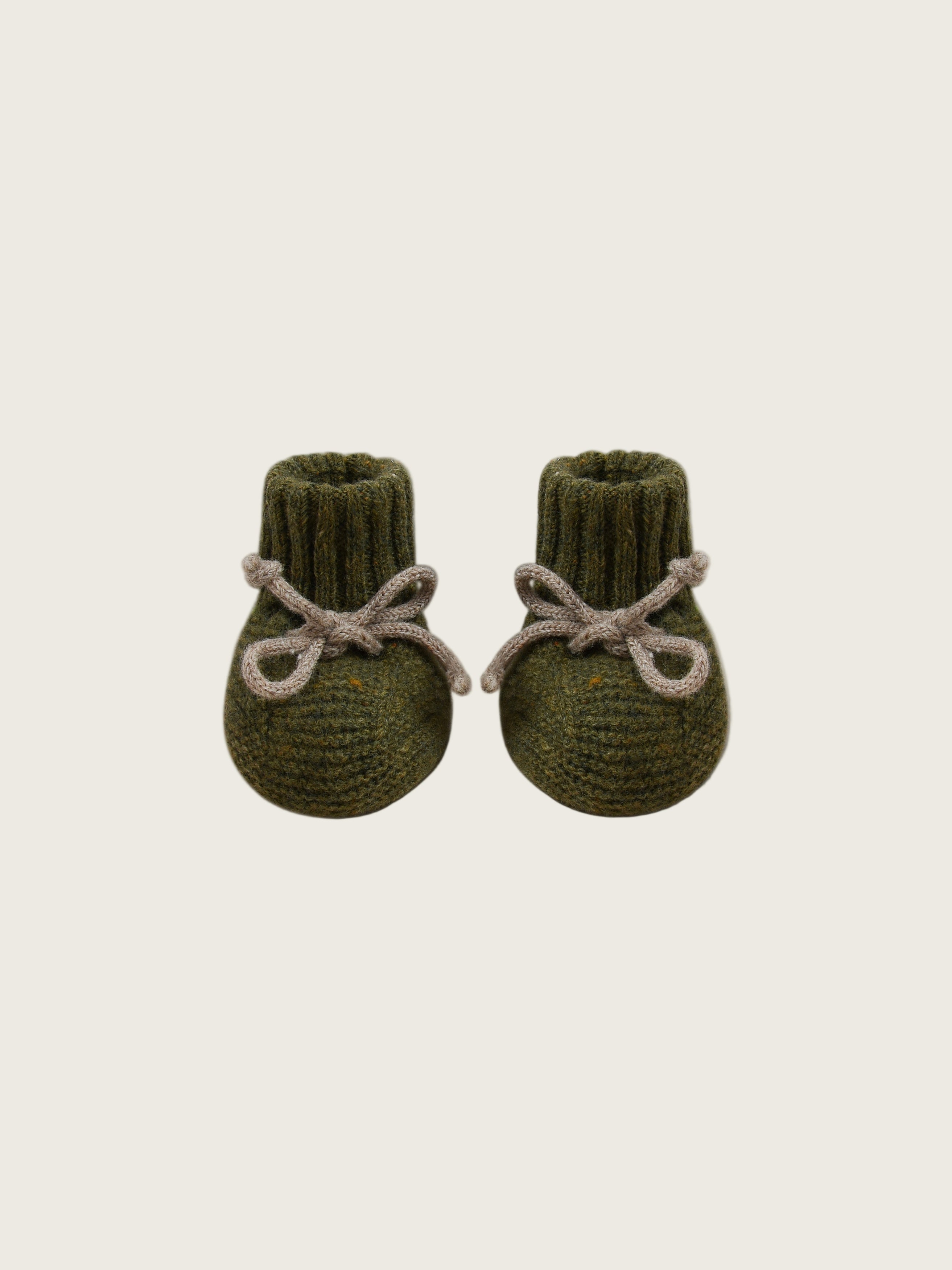 baby and toddler wool booties in forest moss green with grey ribbons