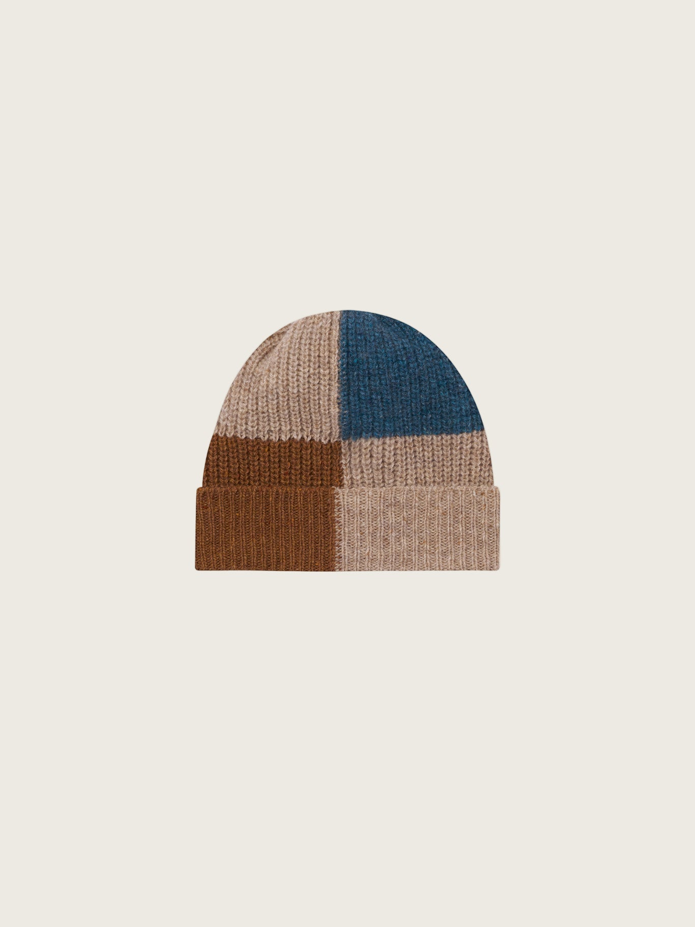 baby and toddler wool knitted beanie in beige with colour-block patchwork in brown and blue