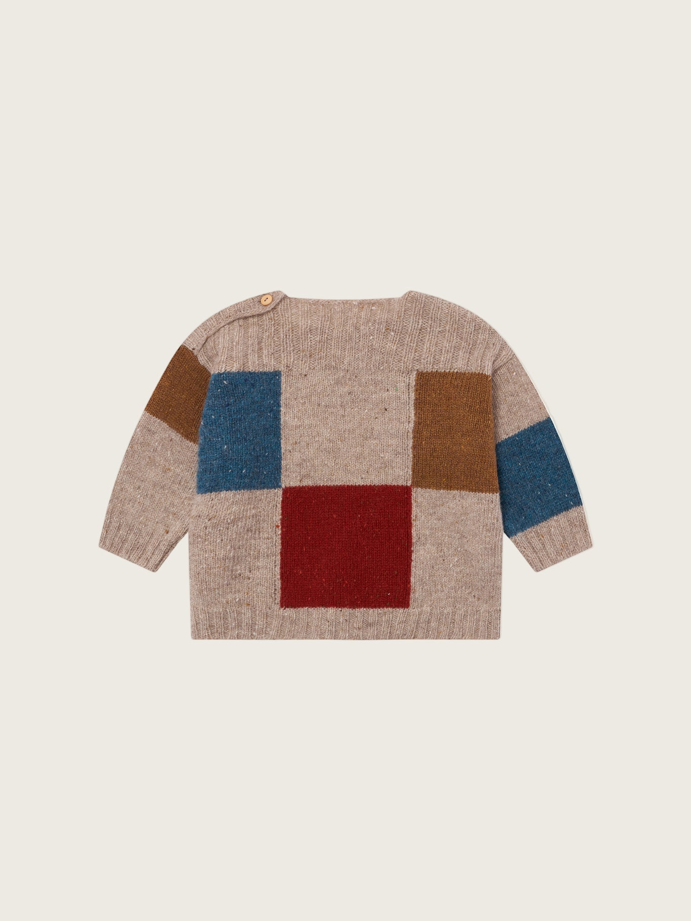 baby & toddler beige wool jumper with square neck, ribbed trim, colour-block patchwork in red, blue, brown