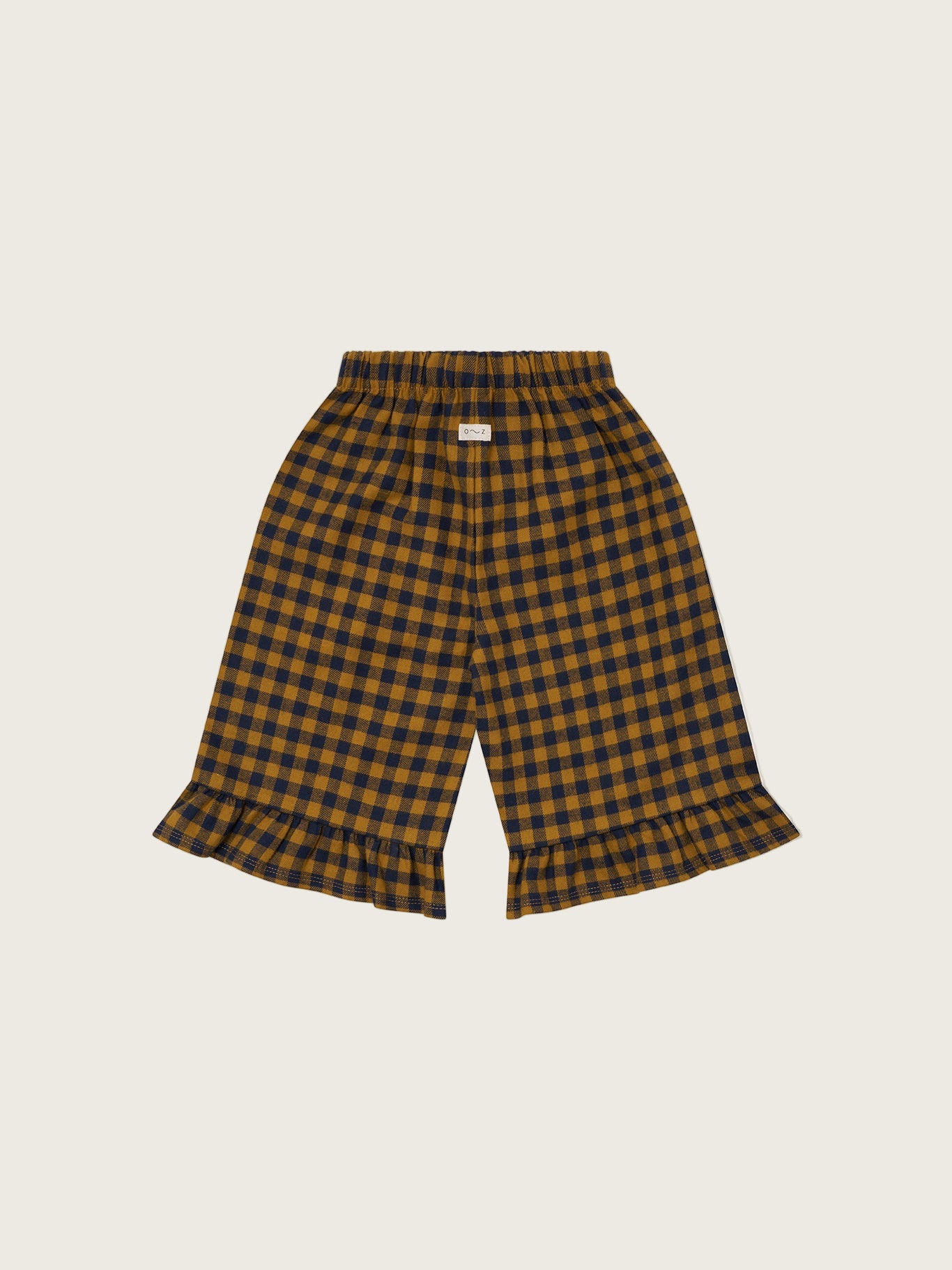 toddler navy and yellow checkered gingham flannel culottes with frill hems