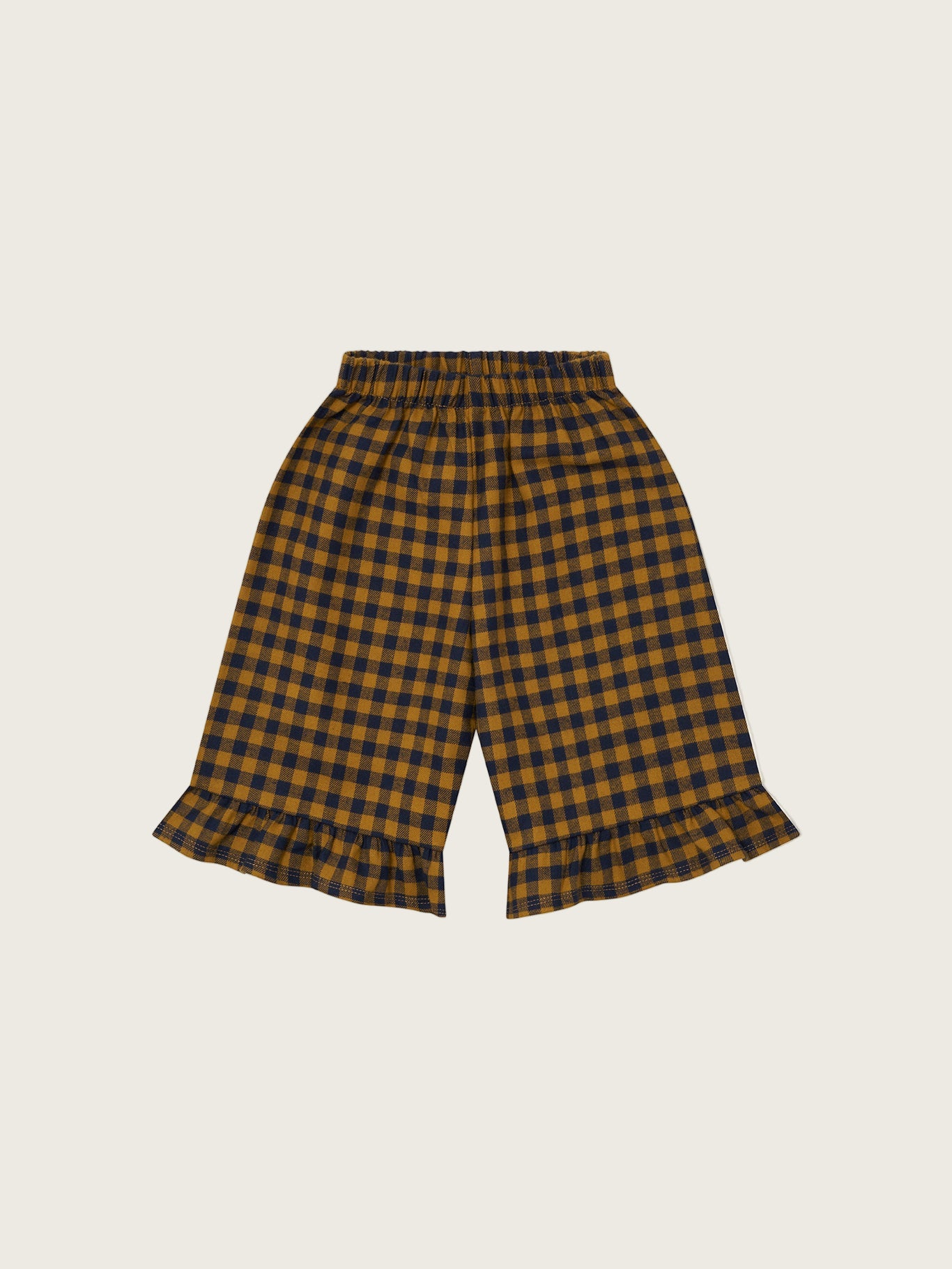 toddler navy and yellow checkered gingham flannel culottes with frill hems