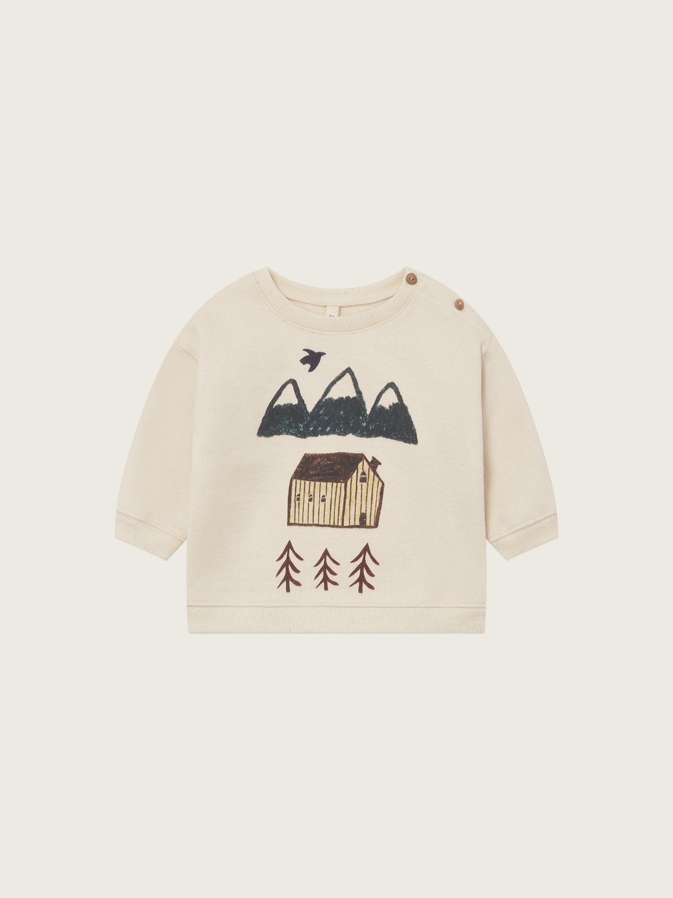 baby cream undyed cotton sweatshirt with shoulder buttons, and mountain, cabin and tree print on the front