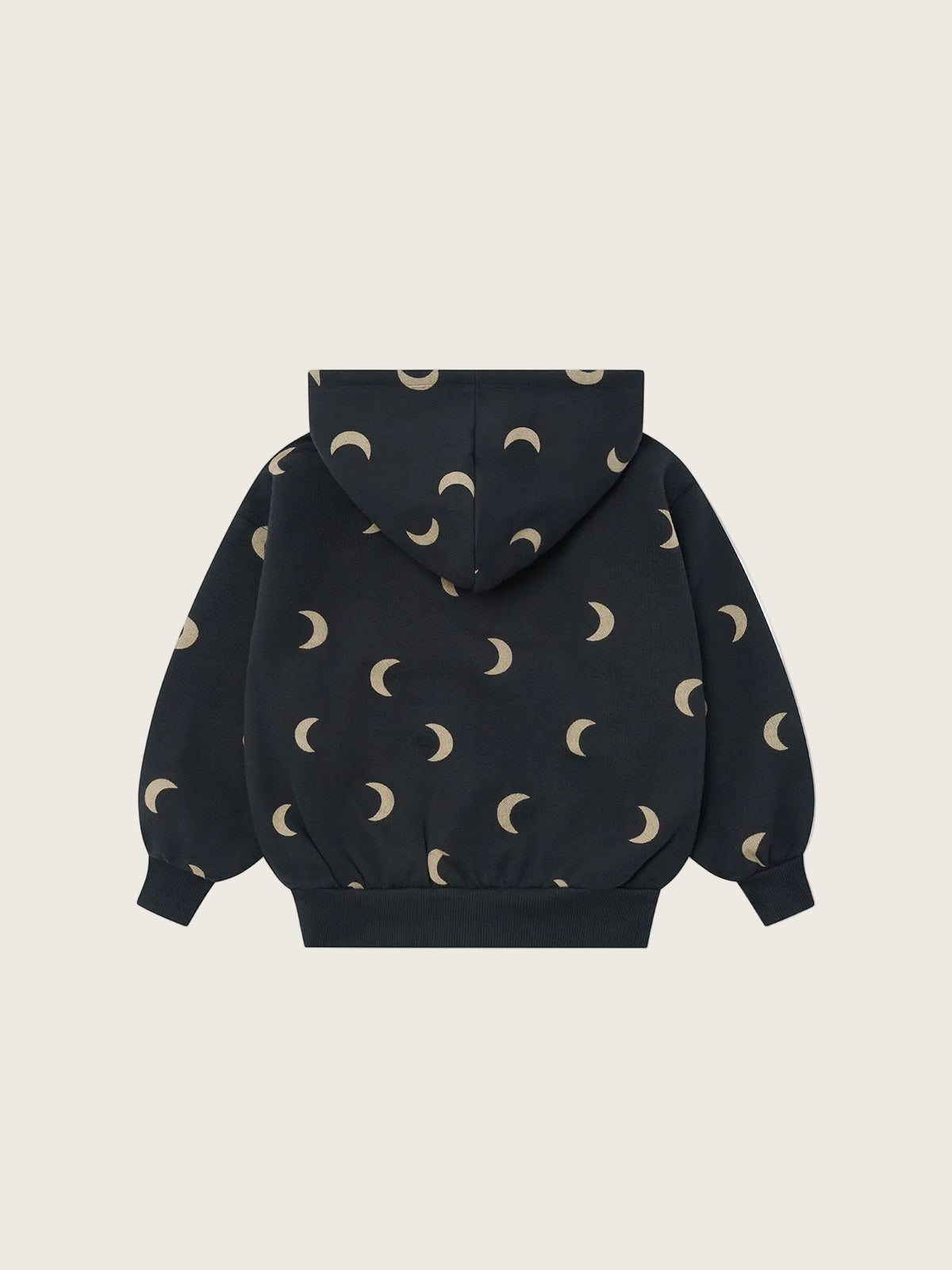 A black pullover hoodie with an all-over repeating pattern of cream-colored crescent moon phases, shown from the back on a solid white background.