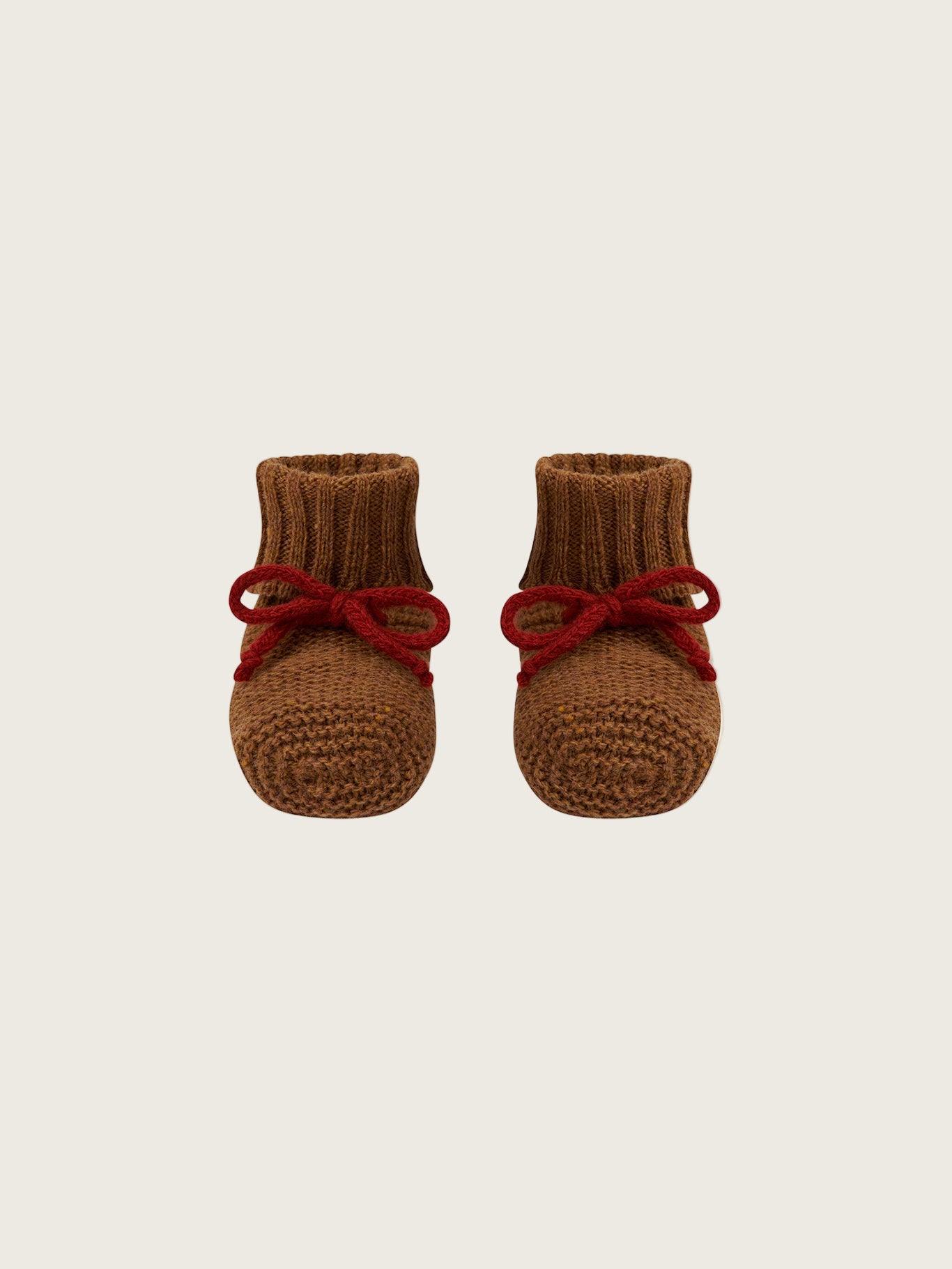 baby and toddler wool booties in chestnut brown with ribbed cuffs and red ribbons