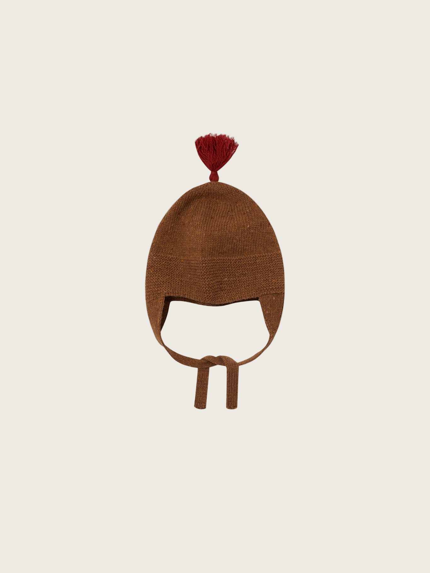 baby and toddler wool hat in chestnut brown with red tassel and chin tie