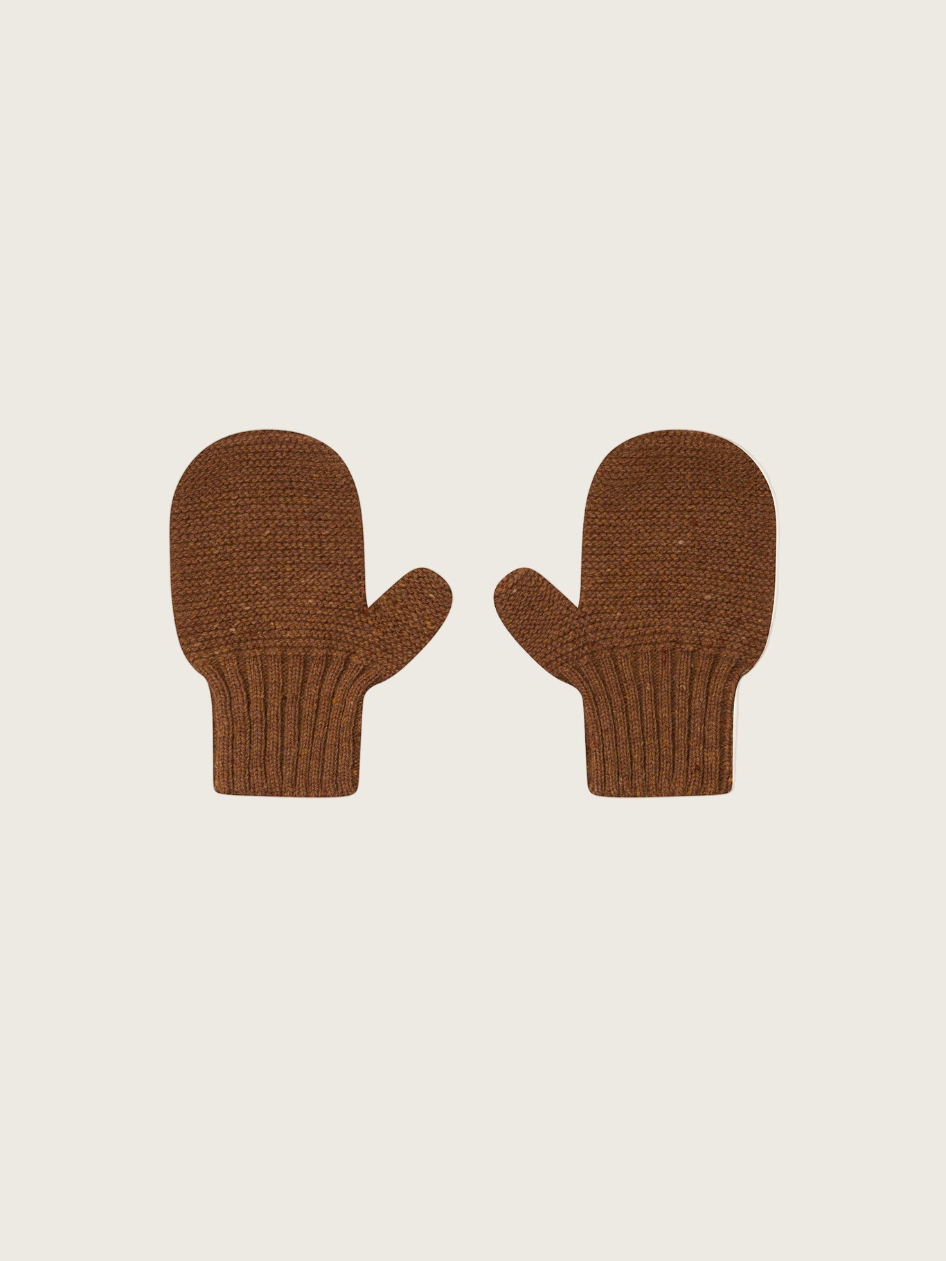 baby and toddler knitted wool mittens in chestnut brown with ribbed cuffs