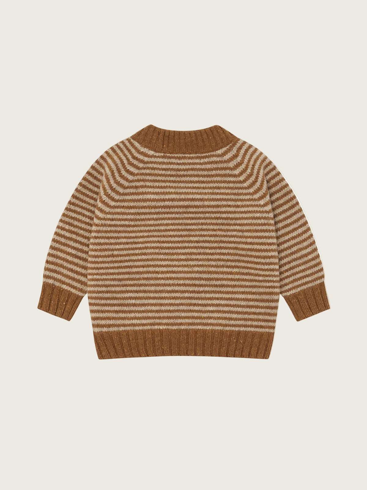 A brown and beige horizontally striped knit sweater shown from the back, laid flat against a light cream background.