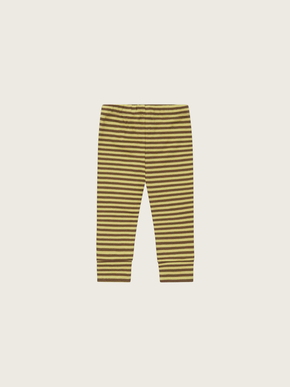 A pair of children's leggings with horizontal olive green and beige stripes, displayed flat against a light off-white background.