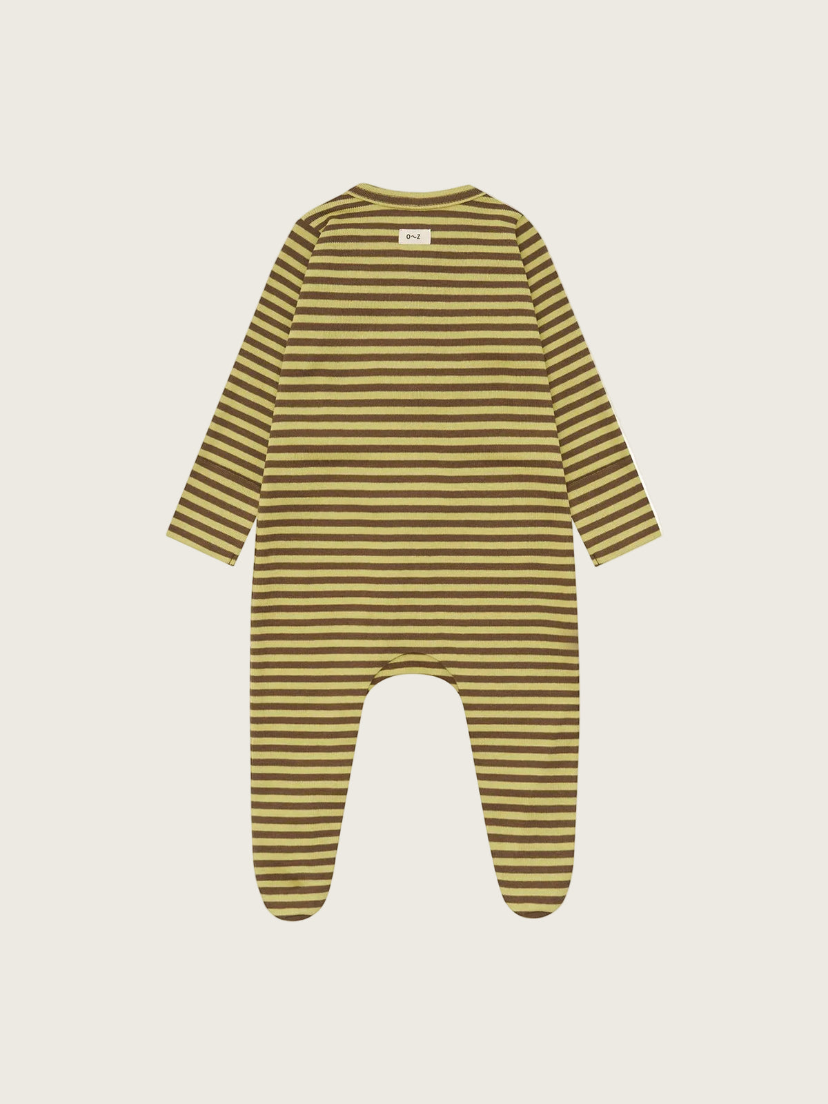 A baby footed one-piece jumpsuit with long sleeves, featuring horizontal stripes in olive green and a warm mustard yellow. The jumpsuit is shown flat against a solid white background.