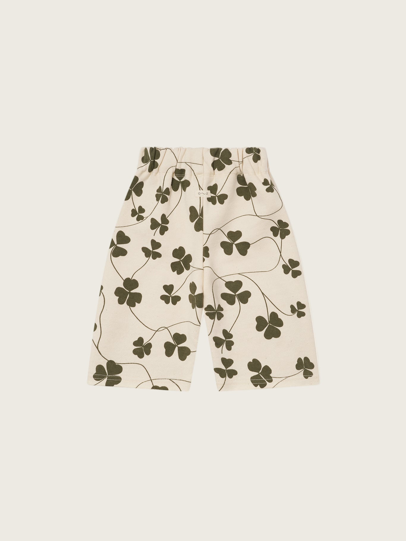 baby and toddler cream undyed cotton wide leg drawstring pants with green clover print