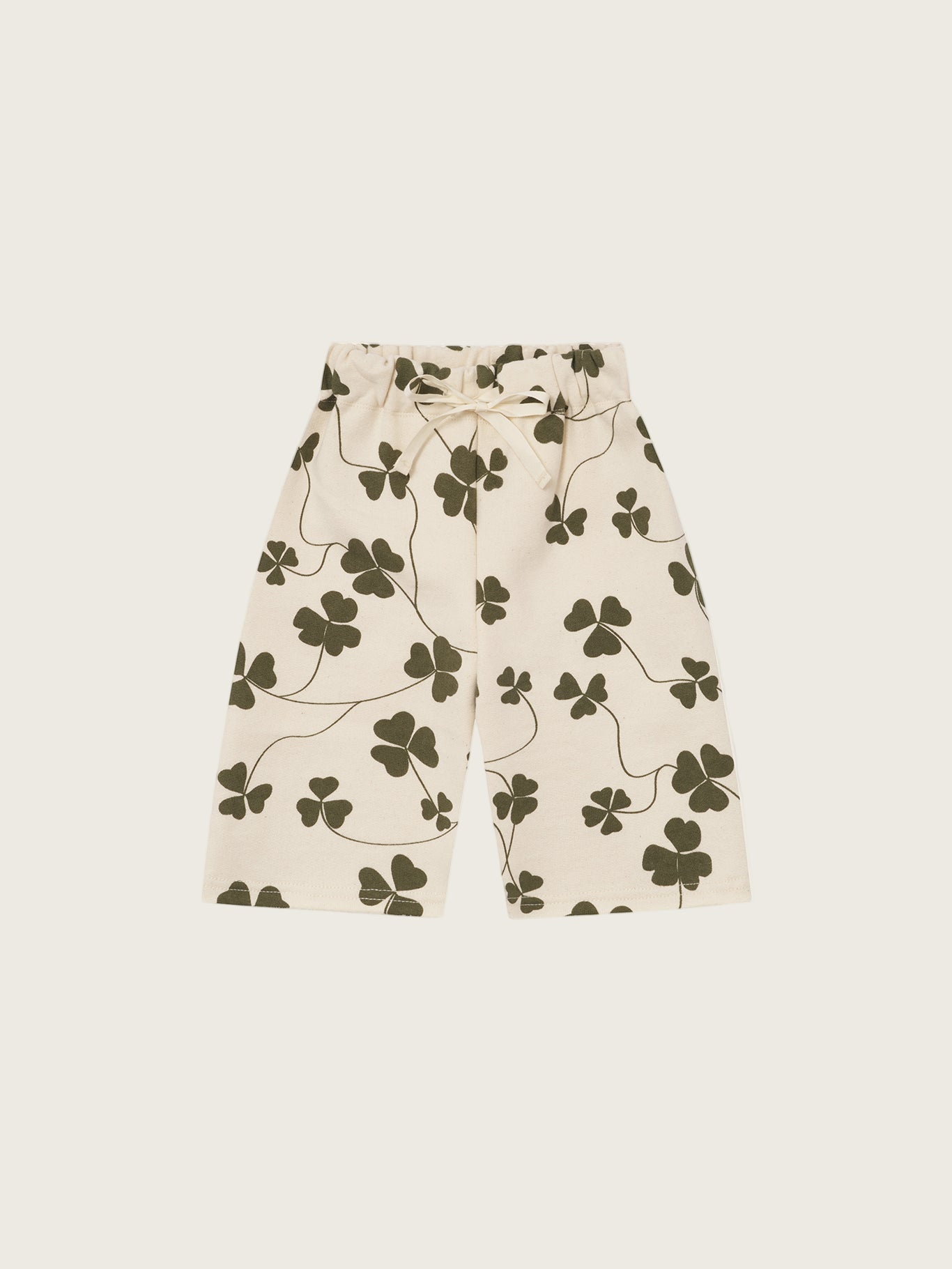 baby and toddler cream undyed cotton wide leg drawstring pants with green clover print