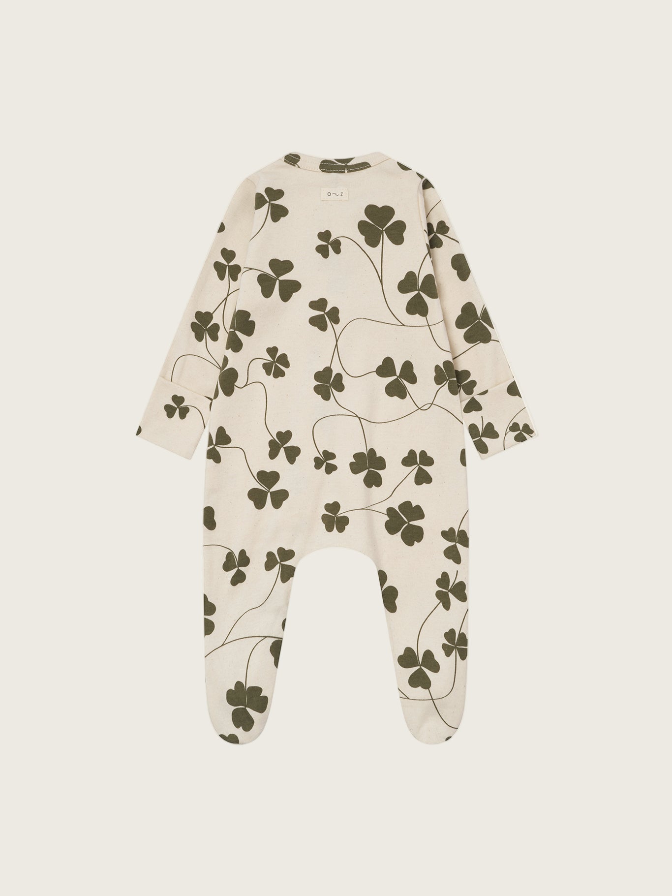 baby cream undyed cotton zip sleepsuit with green clover print
