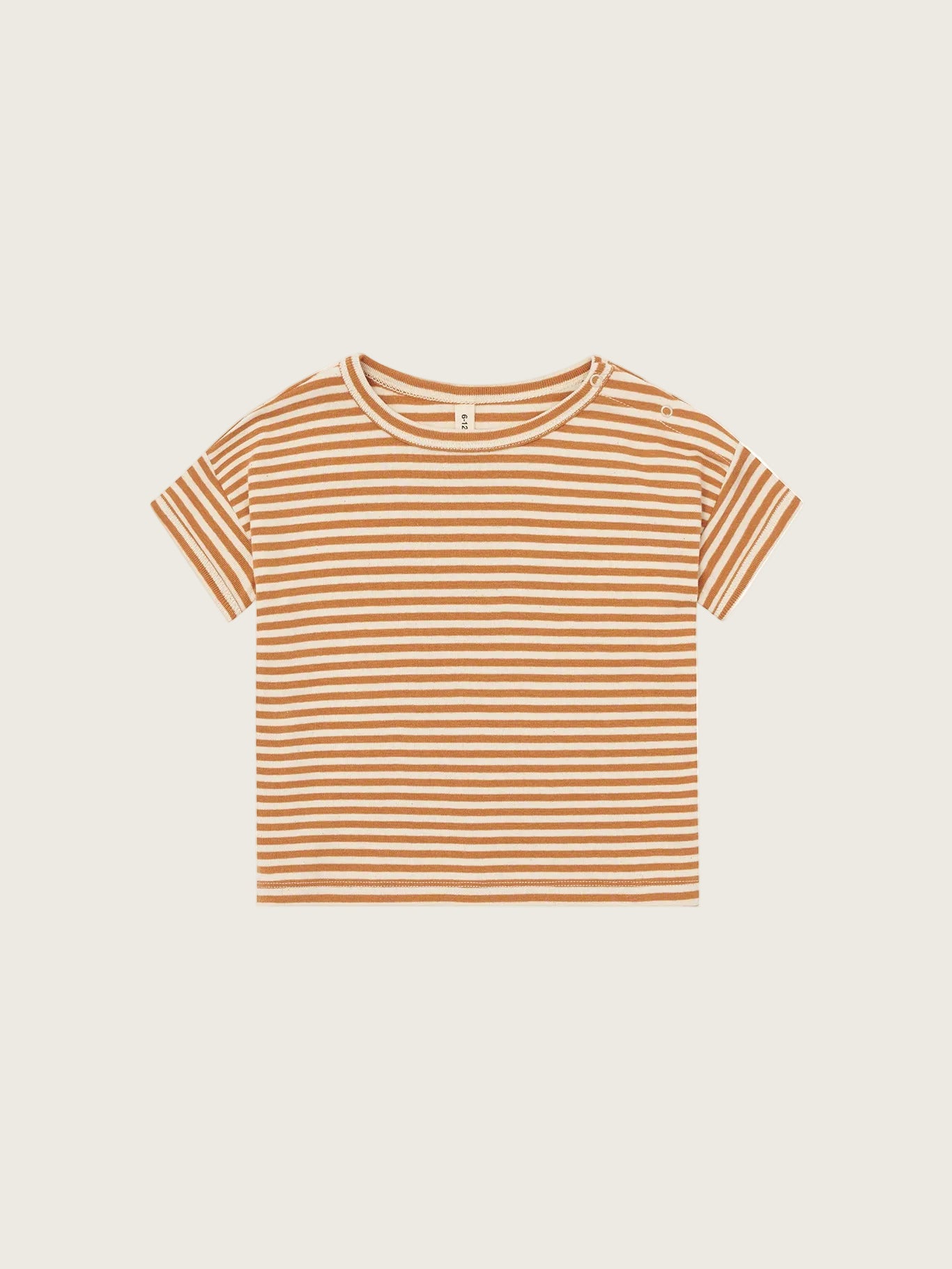 Striped t-shirt with copper and white horizontal stripes on a white background