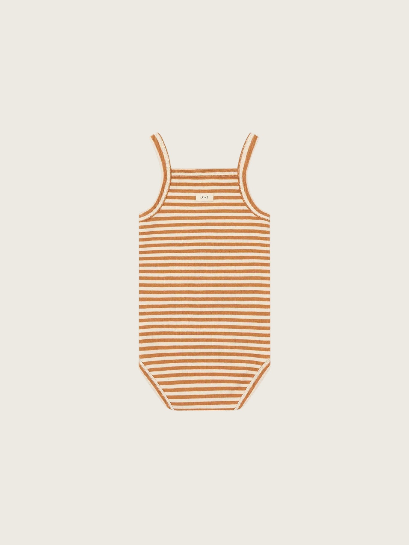 Striped bodysuit with copper and white pattern on a white background