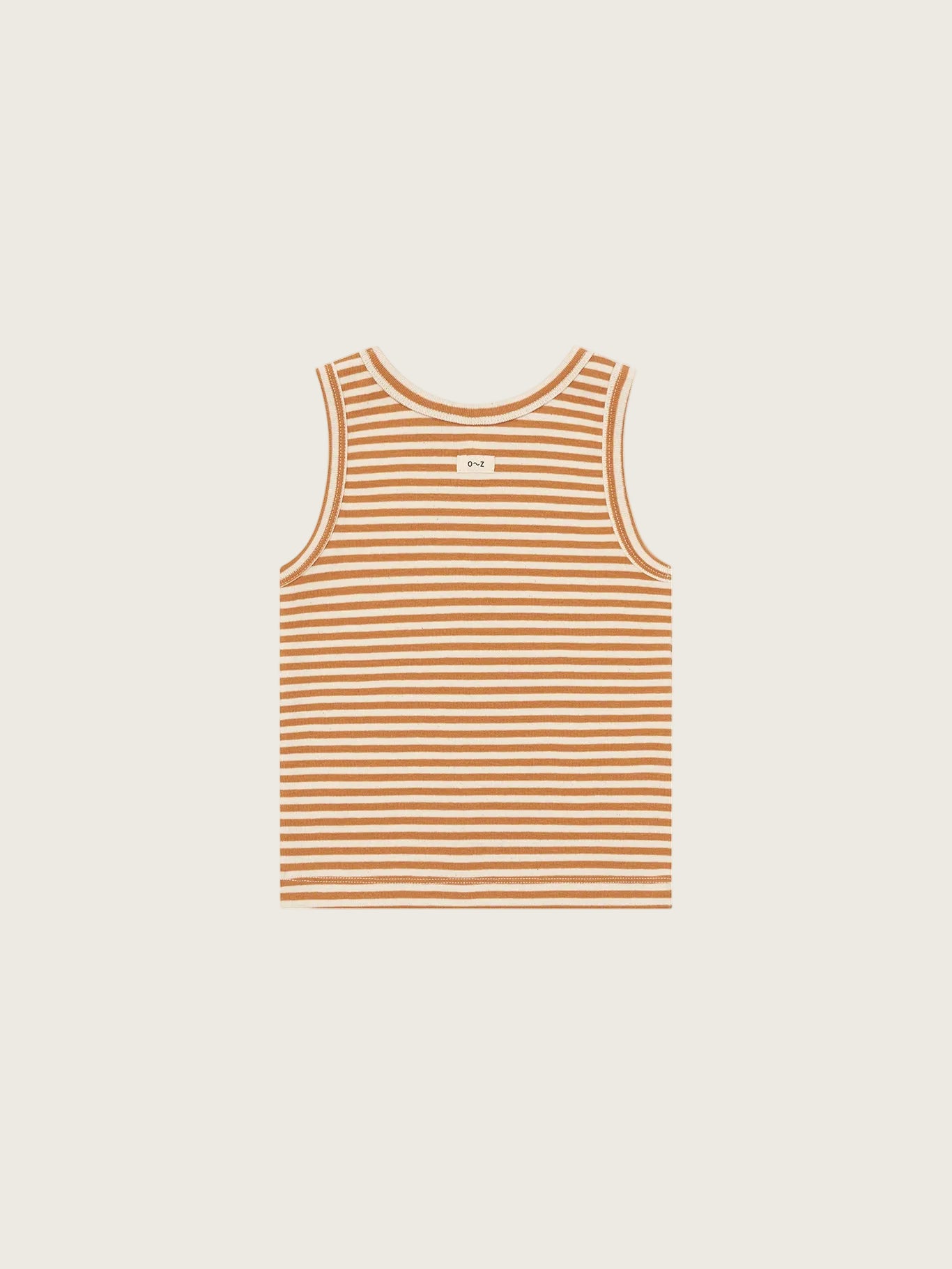 Striped tank top with a brand logo on a white background