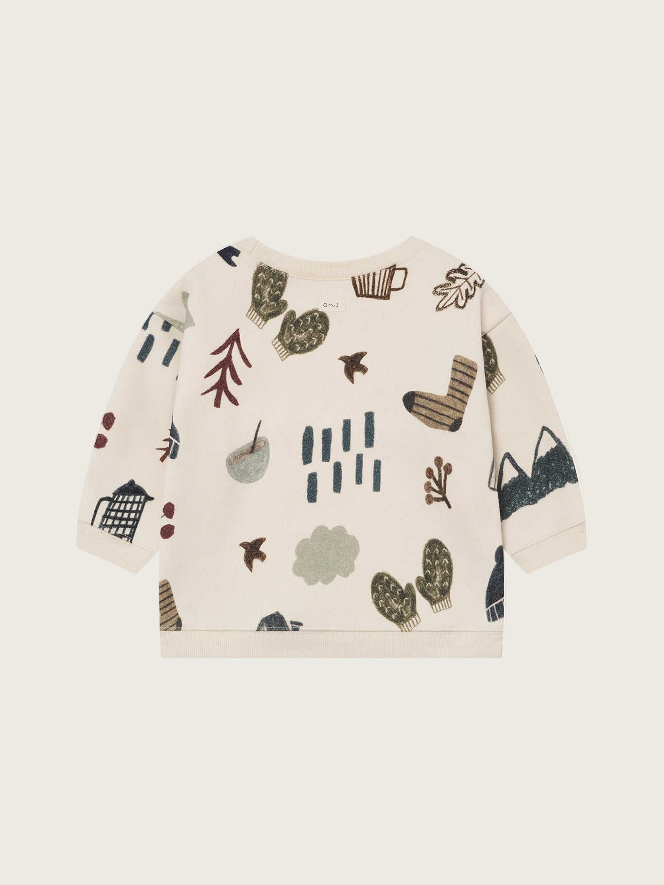 toddler cream undyed cotton sweatshirt with cosy nature-themed graphics of mountains, trees, and birds