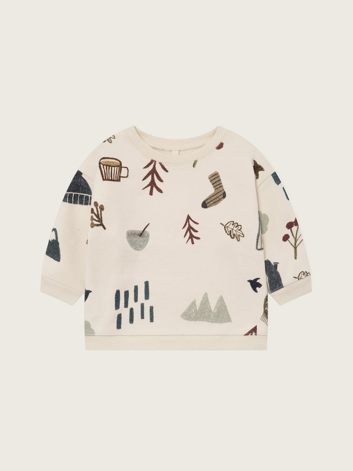 toddler cream undyed cotton sweatshirt with cosy nature-themed graphics of mountains, trees, and birds