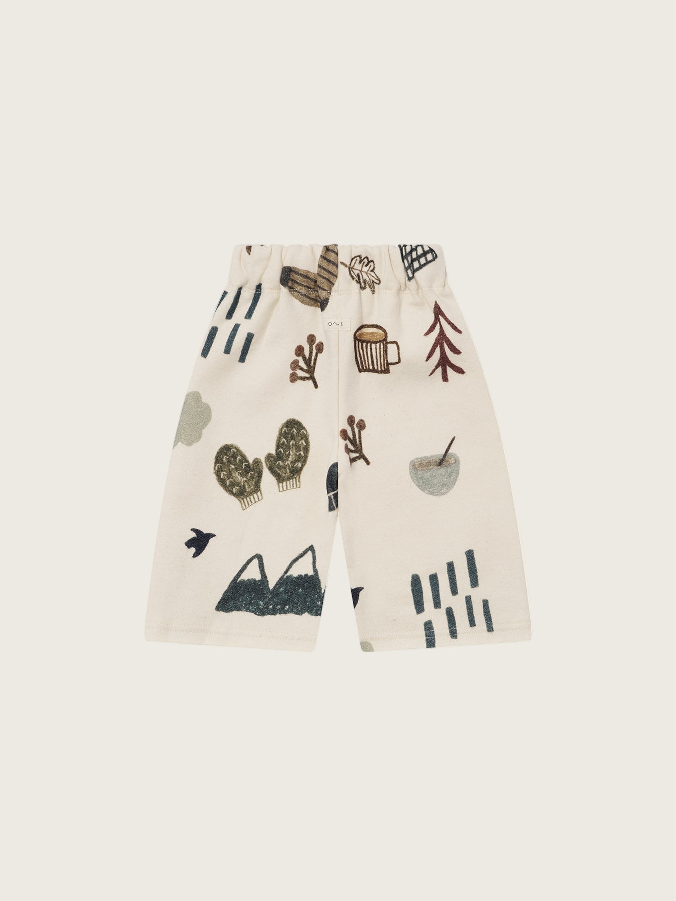 baby & toddler cream undyed cotton wide leg pants with cosy nature-themed graphics of mountain and cabin