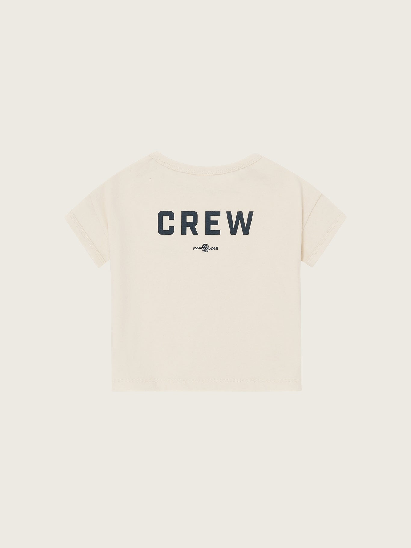 Beige t-shirt with 'CREW' text on a white background
