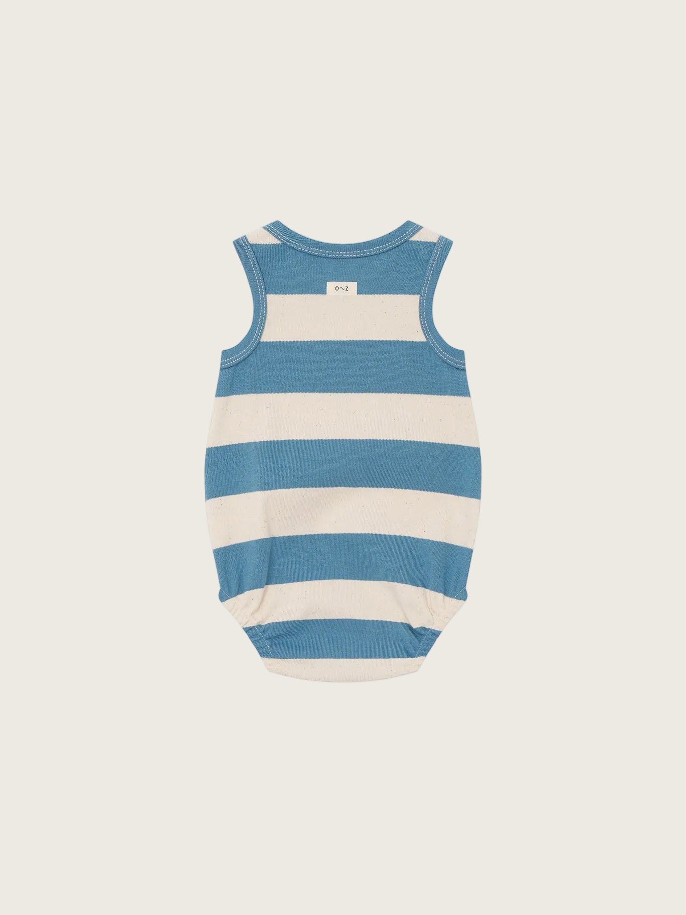 Blue and white striped baby onesie on a white background