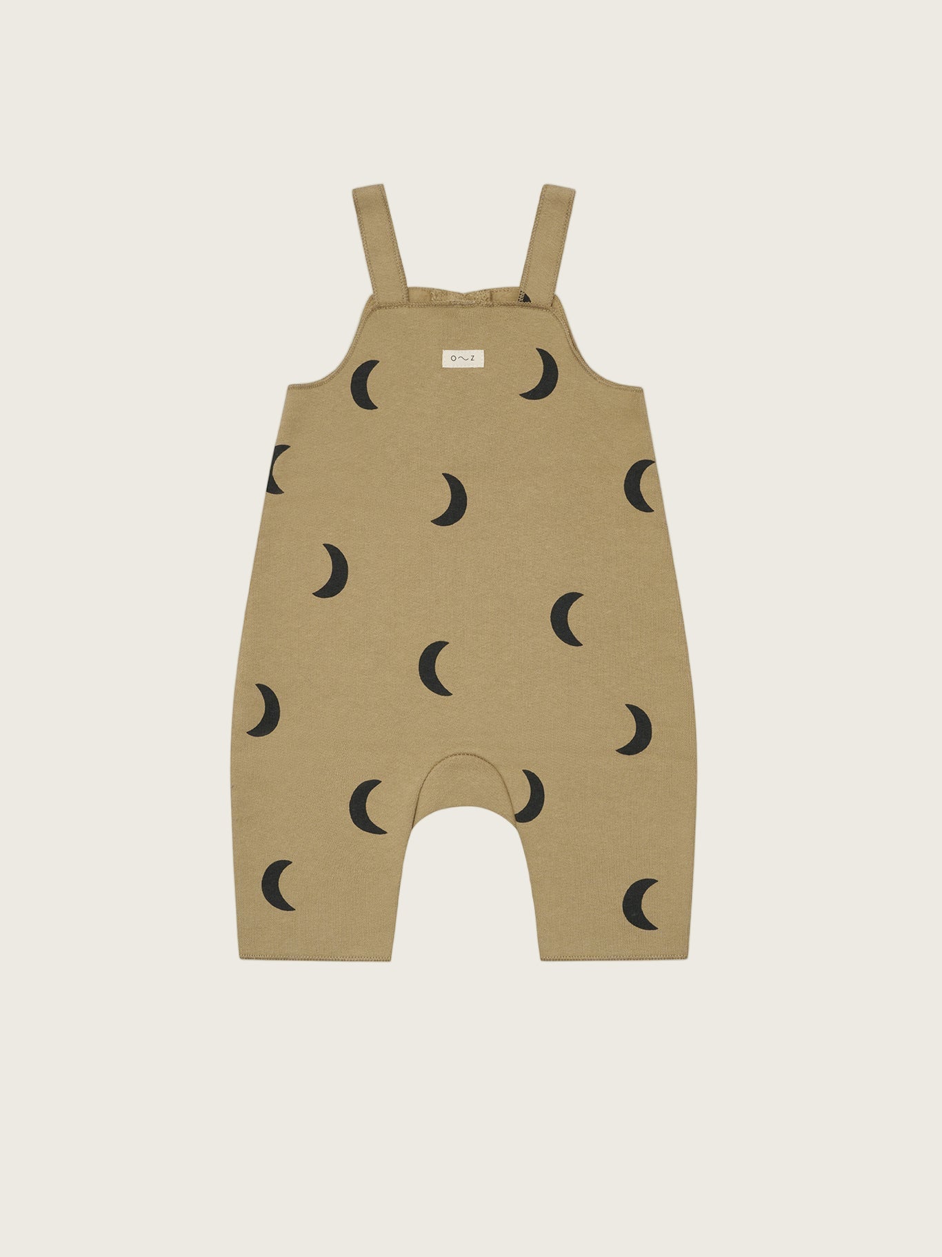 baby dusky beige terry cotton salopette with black crescent print, and front and crotch poppers