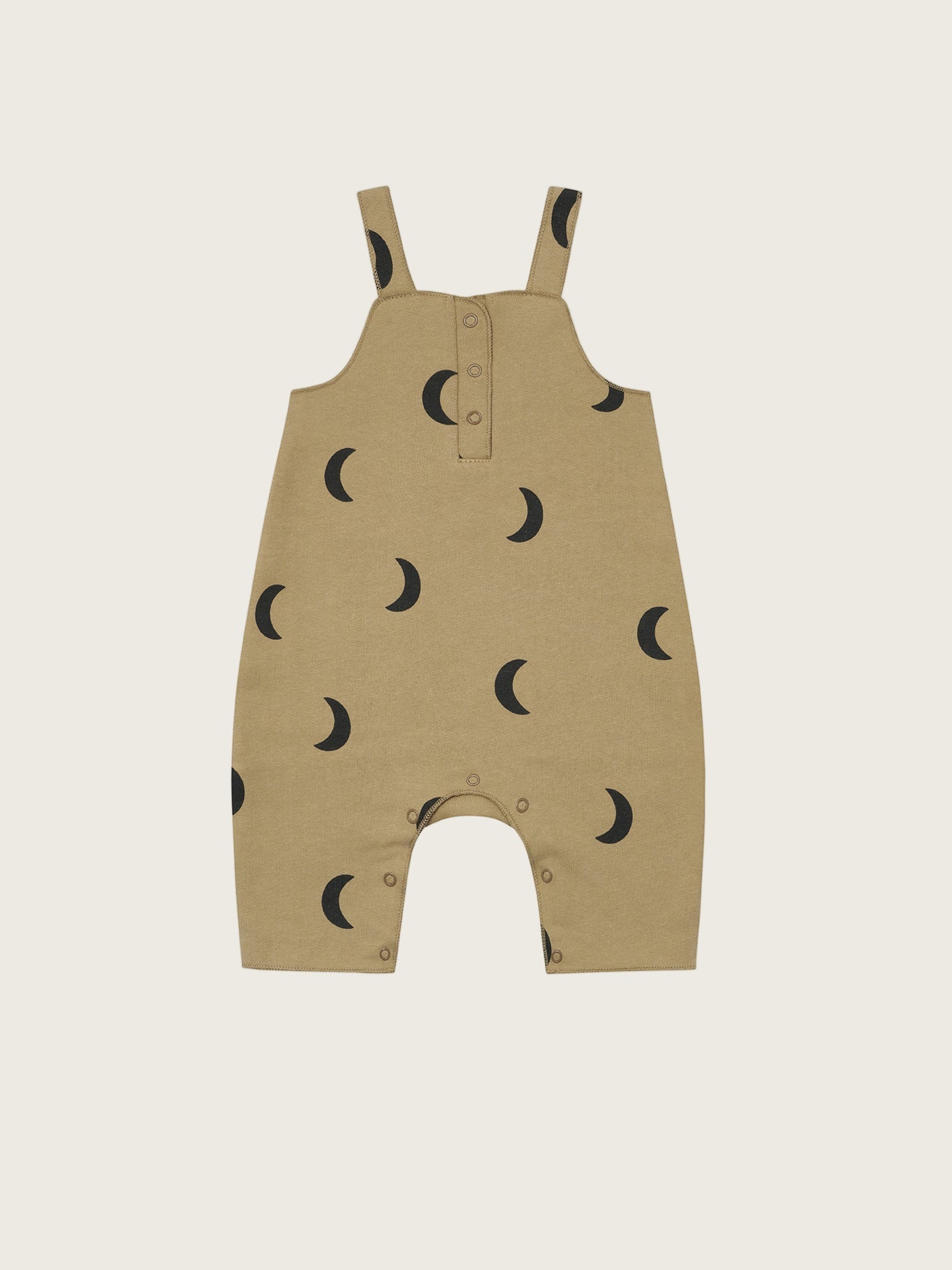 baby dusky beige terry cotton salopette with black crescent print, and front and crotch poppers