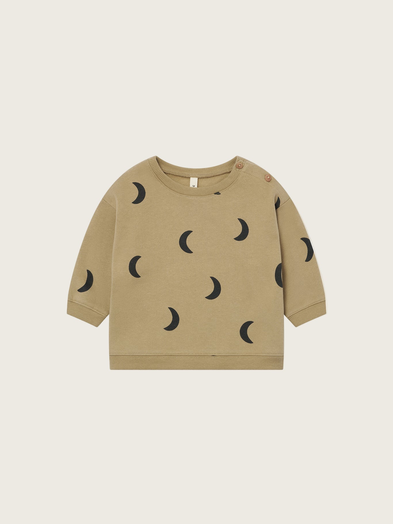 baby dusky beige organic cotton boxy sweatshirt with black crescent moon print and shoulder buttons