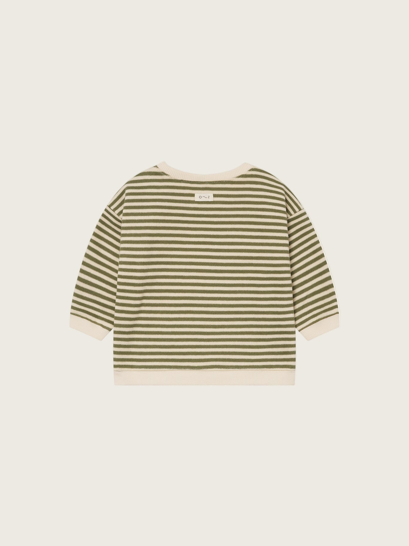 baby organic cotton sweatshirt in green and white stripes with two shoulder buttons