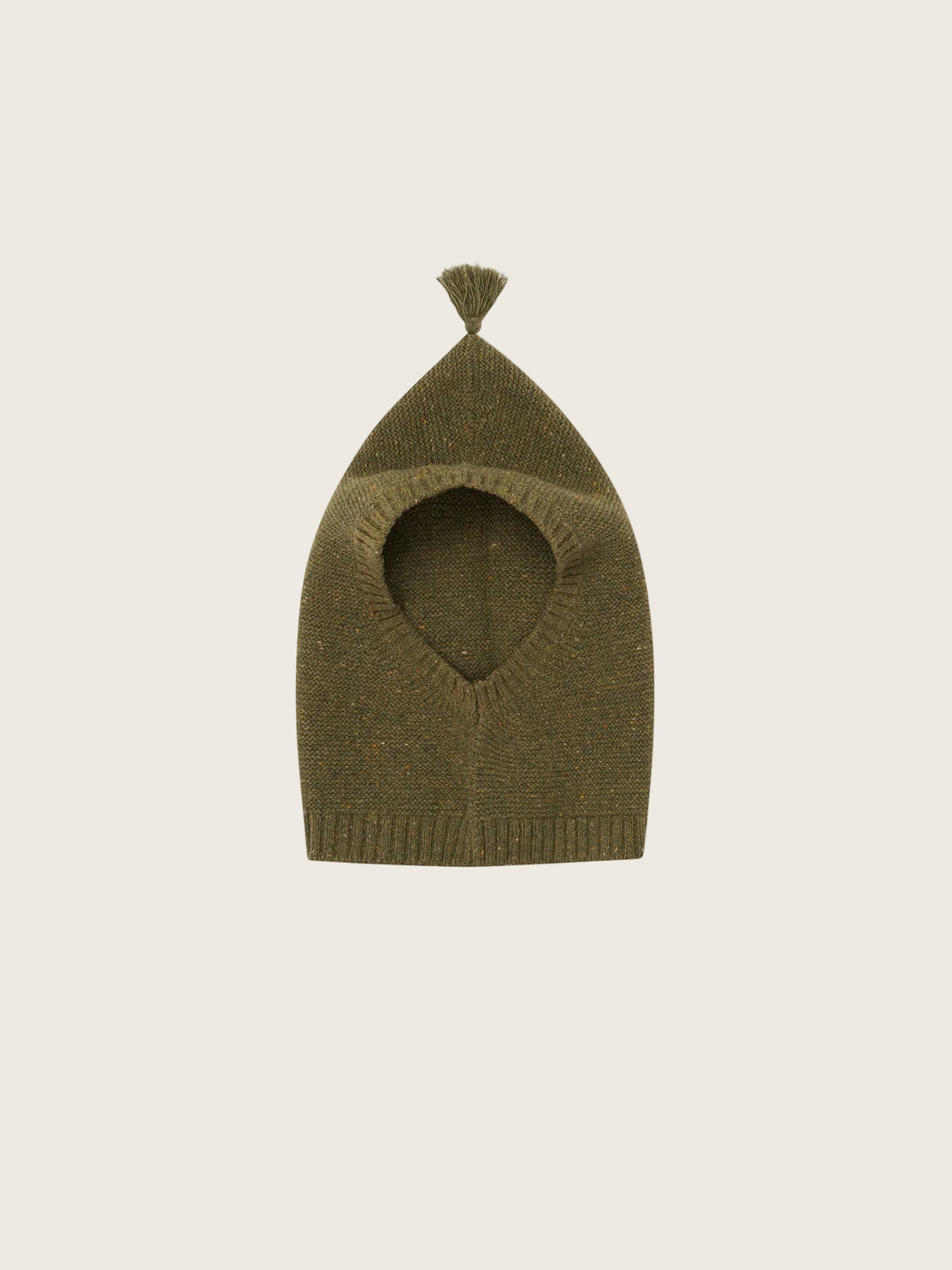 An olive green knit pet hood with a small tassel on top, shown against a plain white background.