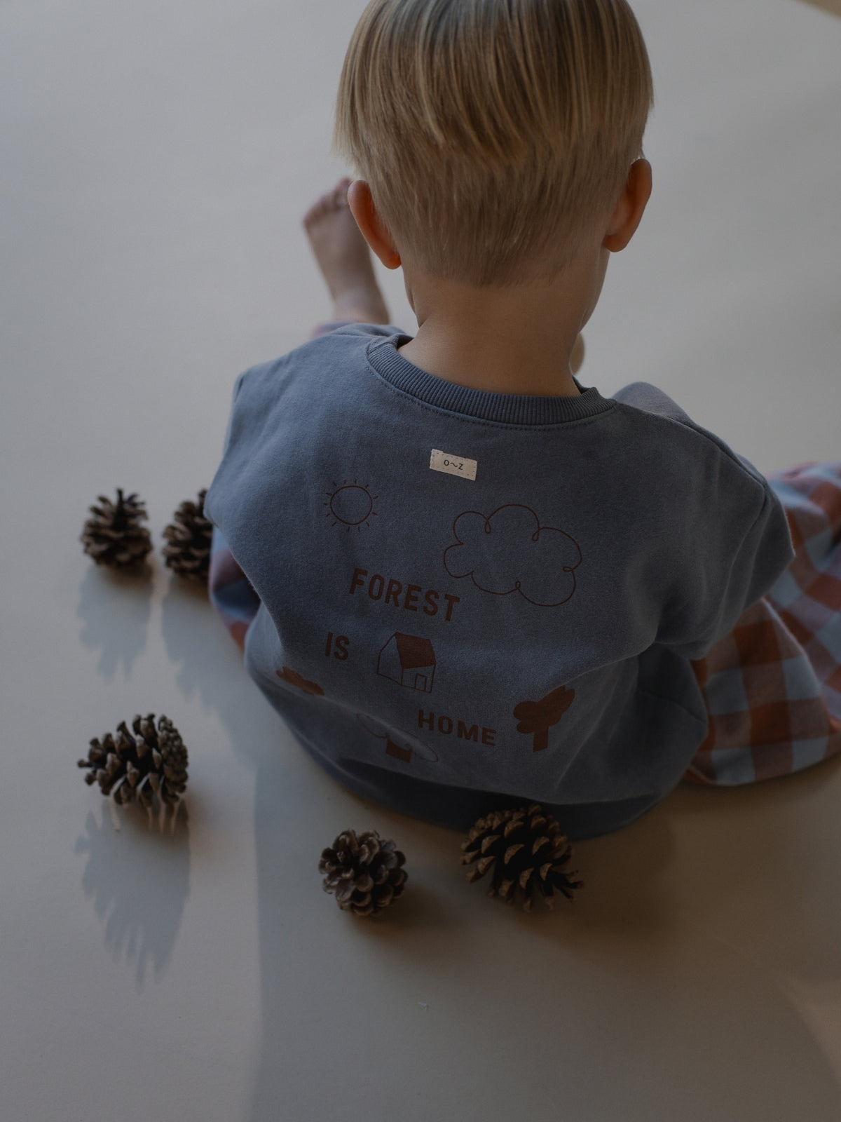 A child viewed from behind wearing a slate blue sweatshirt with a brown forest-themed graphic print, sitting on a light-colored floor with pinecones scattered around.