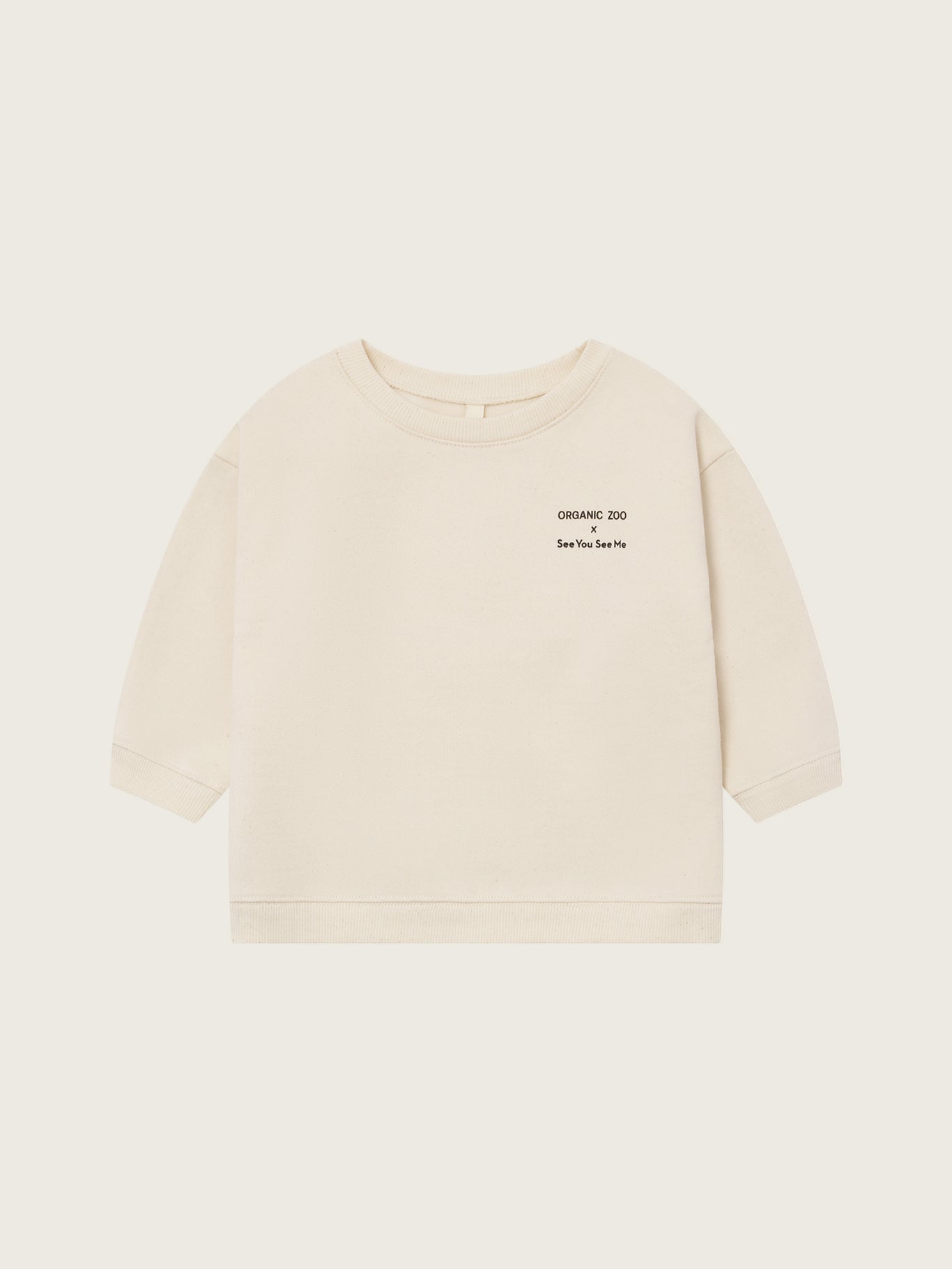 toddler cream undyed cotton sweatshirt with ORGANIC ZOO x See You See Me logo on the front