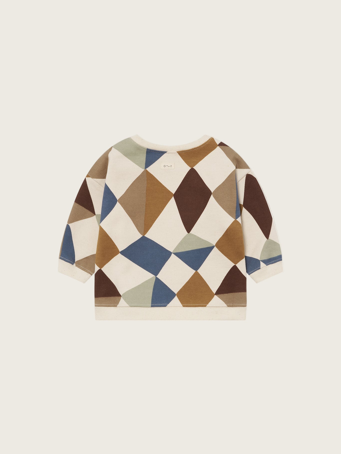 baby cream undyed cotton sweatshirt with multicolour geometric patchwork print and shoulder buttons